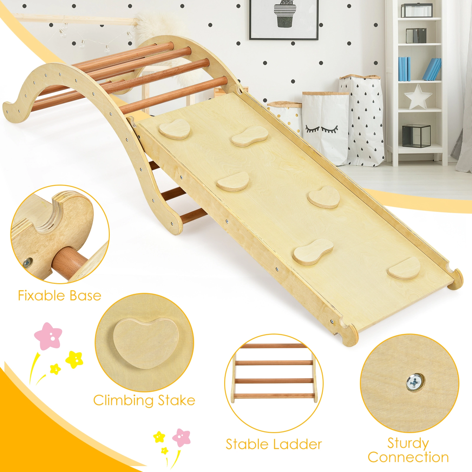 LJG 3-in-1 Kids Wooden Arch Triangle Rocker Climber Set with Ramp and Mat