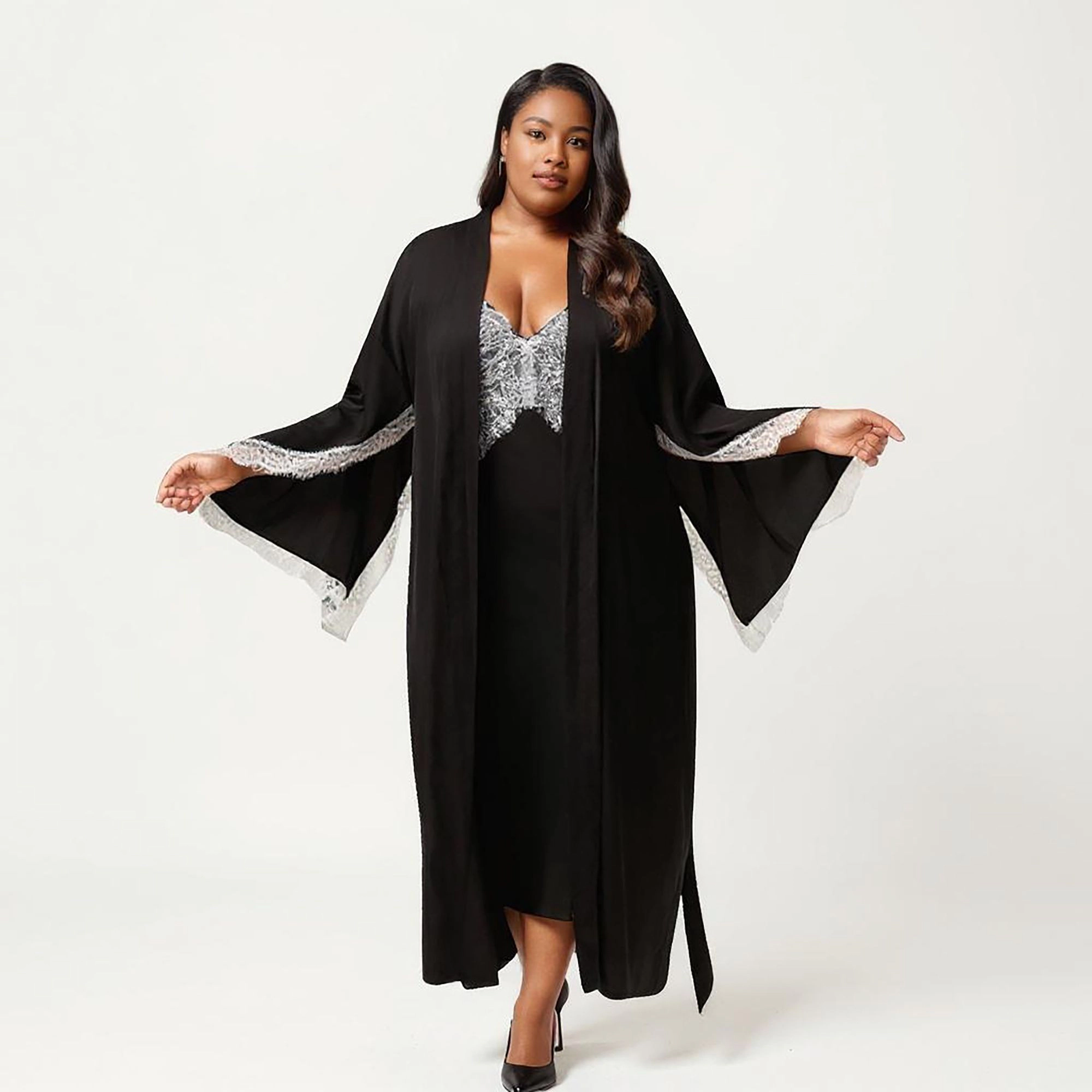 Anna-Kaci Women's Plus Long Robe Set with Soft Draped Silhouette and Delicate Lace Trim Accents