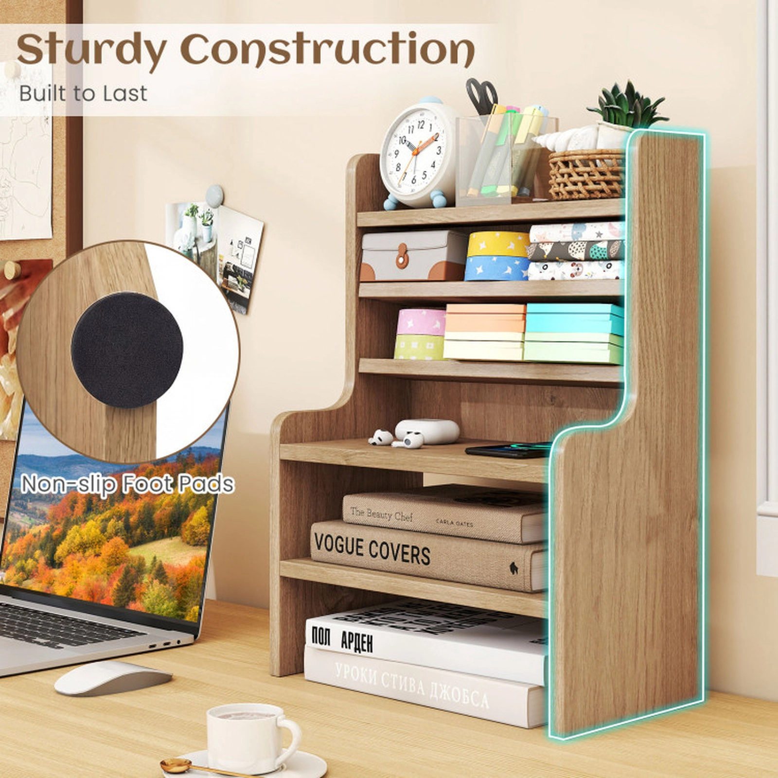 SUGIFT 6-Tier Natural 16.5-in Mini Desktop Bookshelf Countertop Organizer with 2 Removable Shelves 55-lb Top