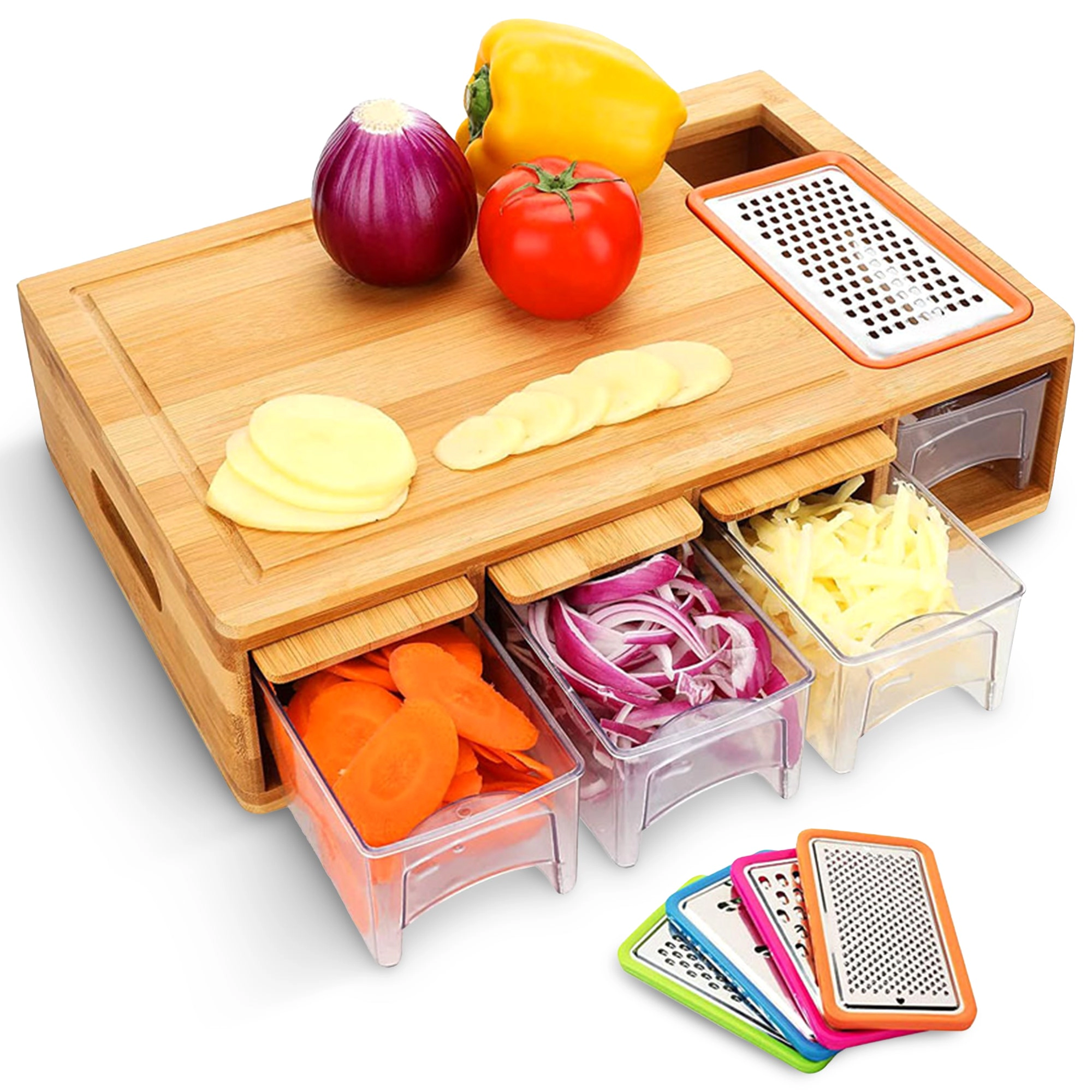 Cheer Collection Bamboo Cutting Board with Integrated Graters and 4 Storage
