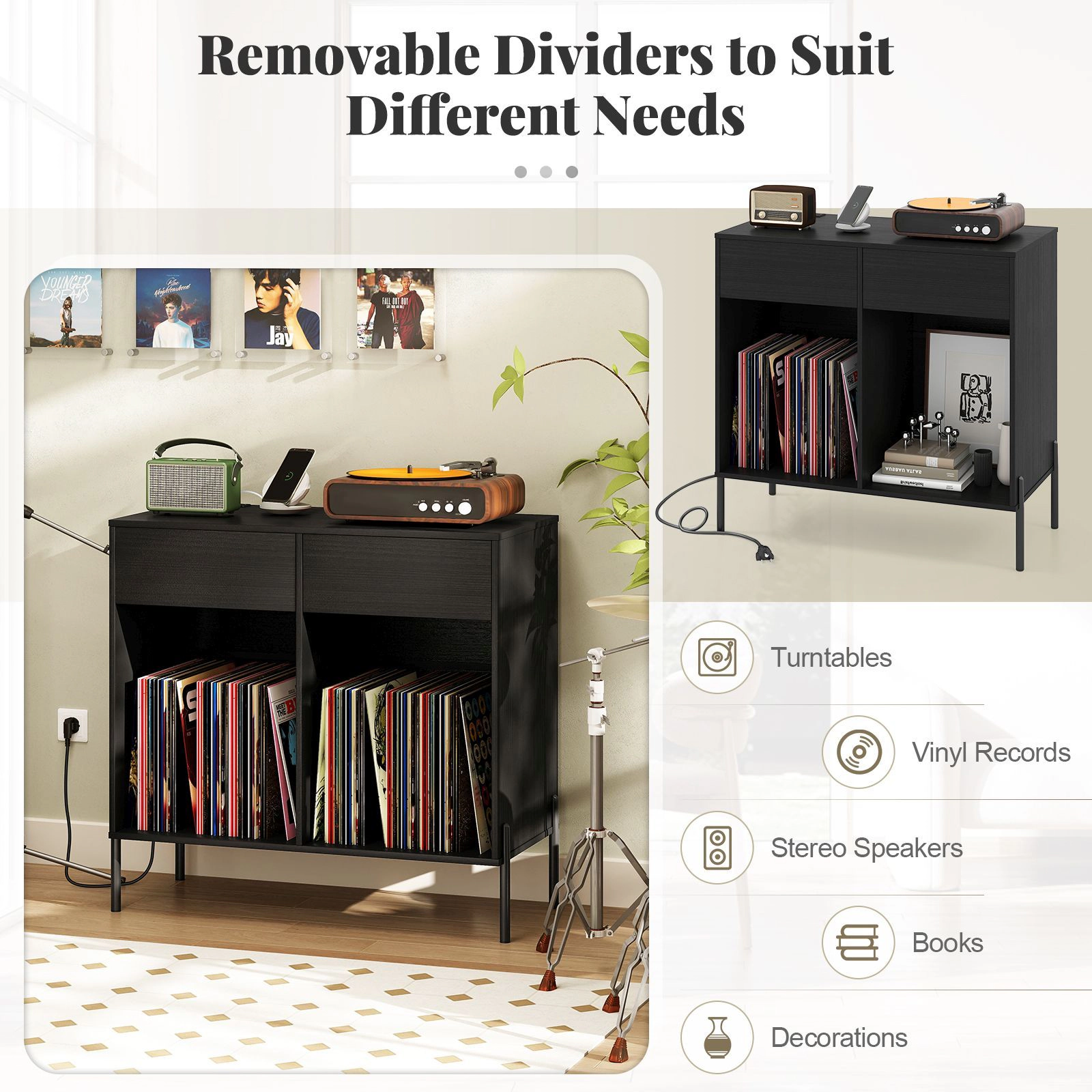 SlickBlue Record Player Stand with Drawers, Shelves & Outlets