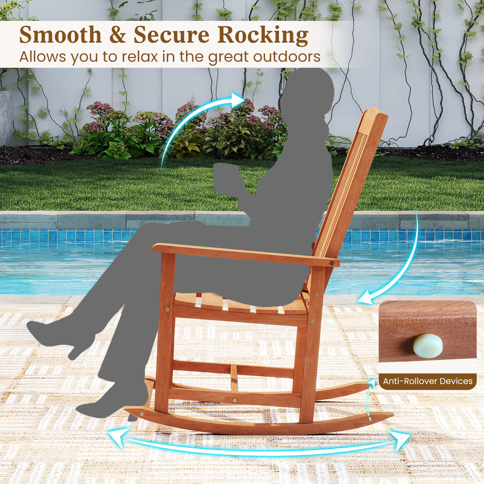 SUGIFT Solid Wood Outdoor Rocking Chair High Back Rocker 400-Lb Capacity 35.5-in Frame Slatted Seat Natural