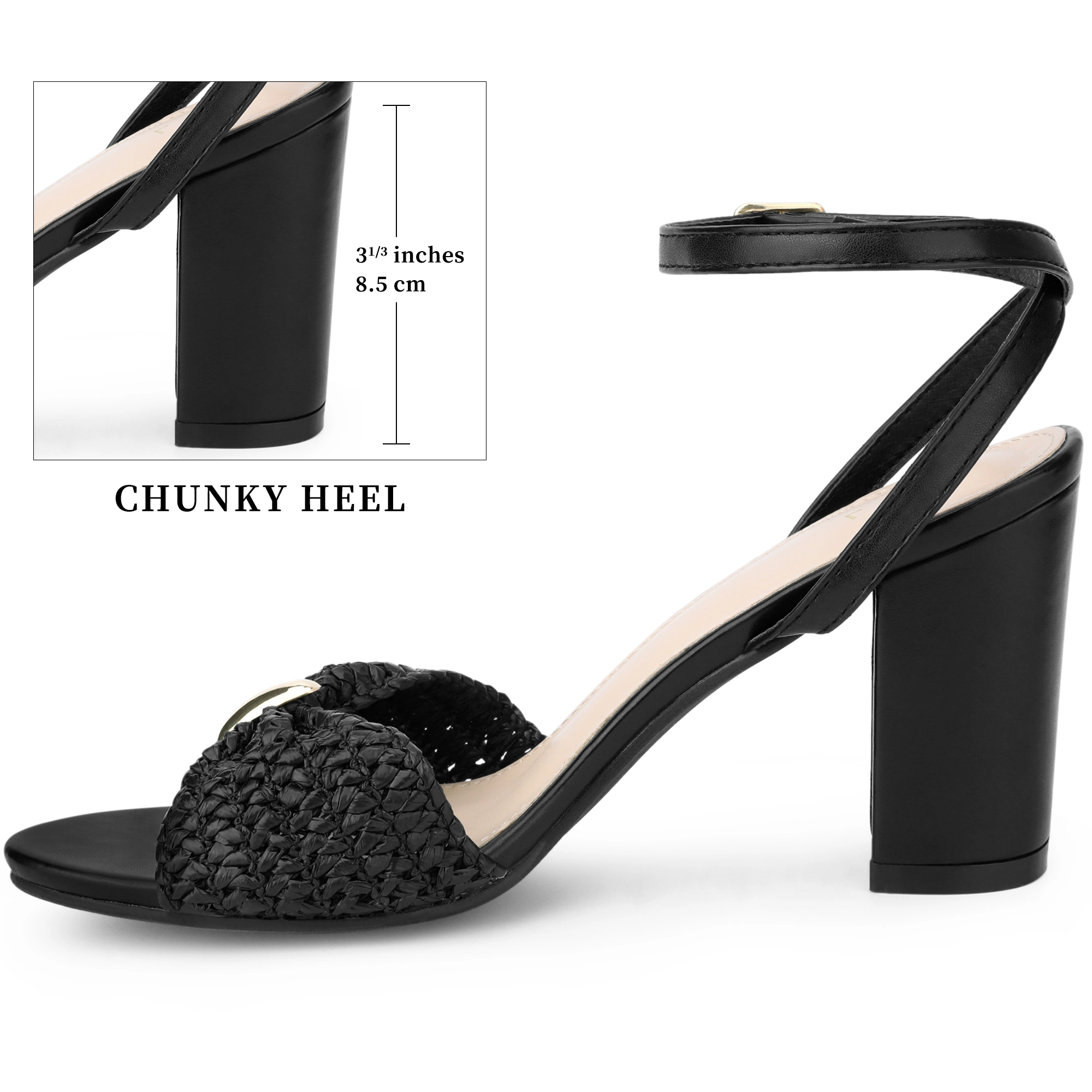 BLISSFUL STEP Women's Raffia Knot Open Toe Ankle Strap Chunky Heel Dress Sandals