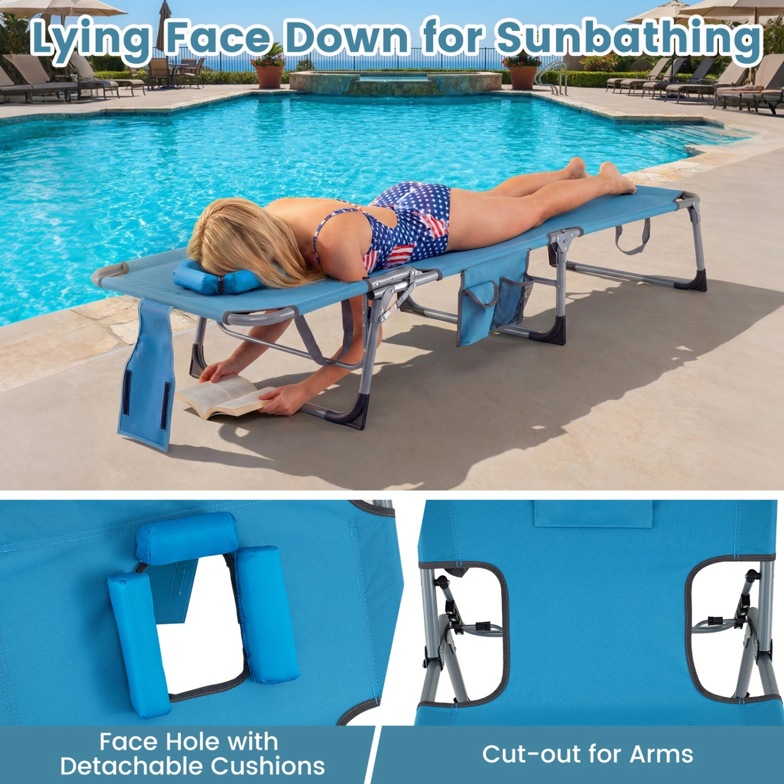 SUGIFT Folding Tanning Lounge Chair, Adjustable Recliner with Face and Arm Slots, Navy