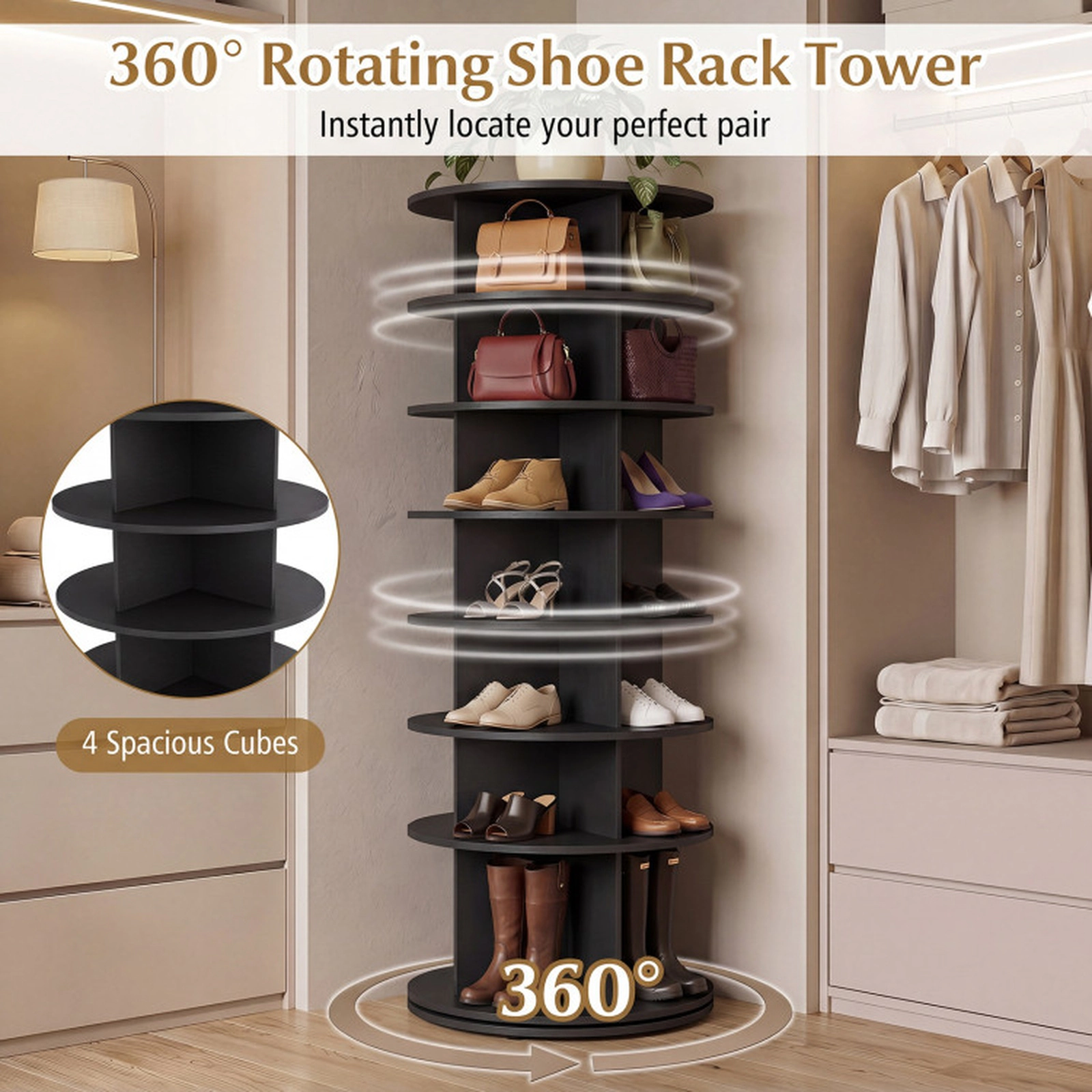 SUGIFT 7-Tier 360° Rotating Shoe Rack Tower Freestanding Spinning Shoe Organizer 22-lb Per Tier Black