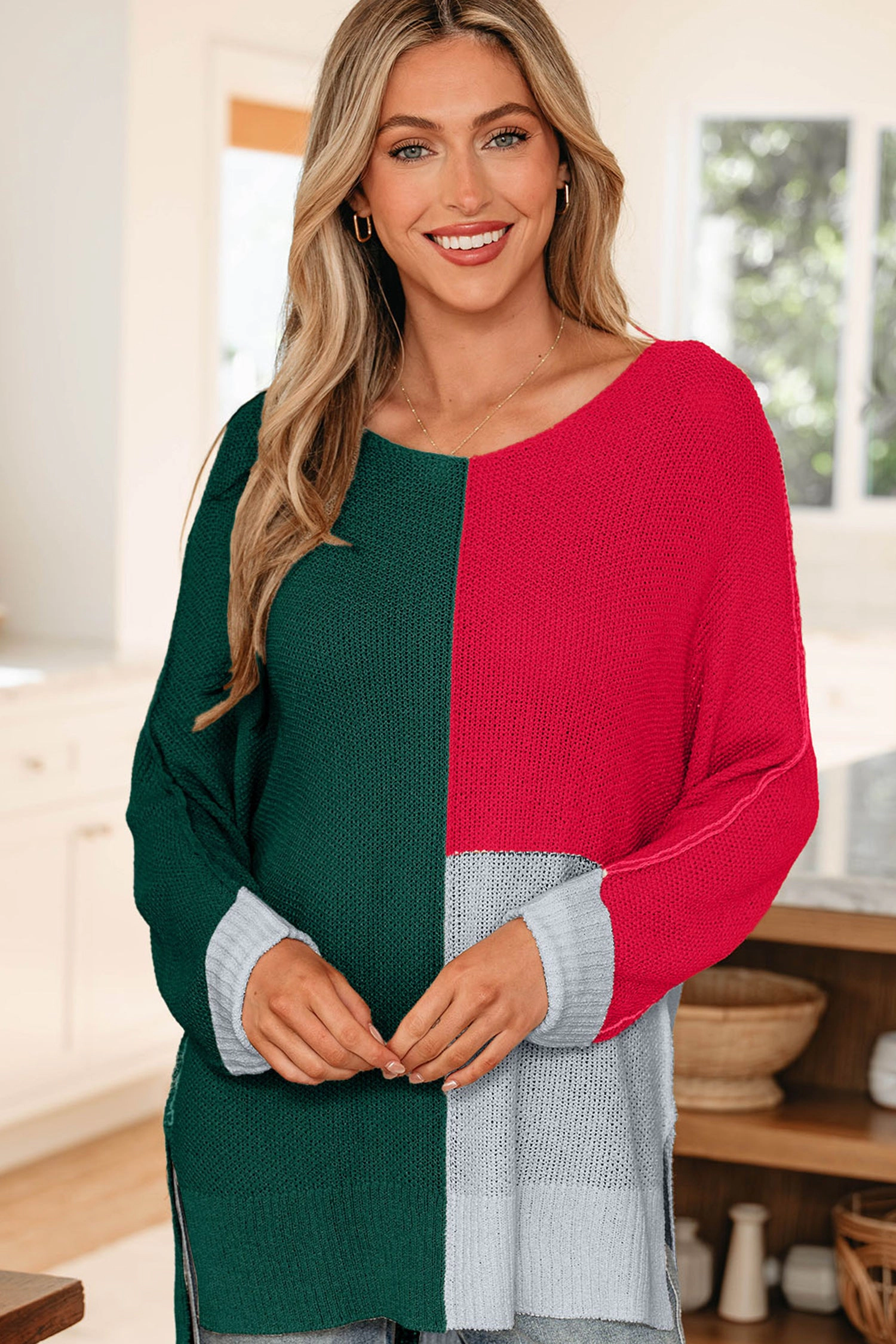 Threaded Pear Women's Demi Block Knit Loose Sweater