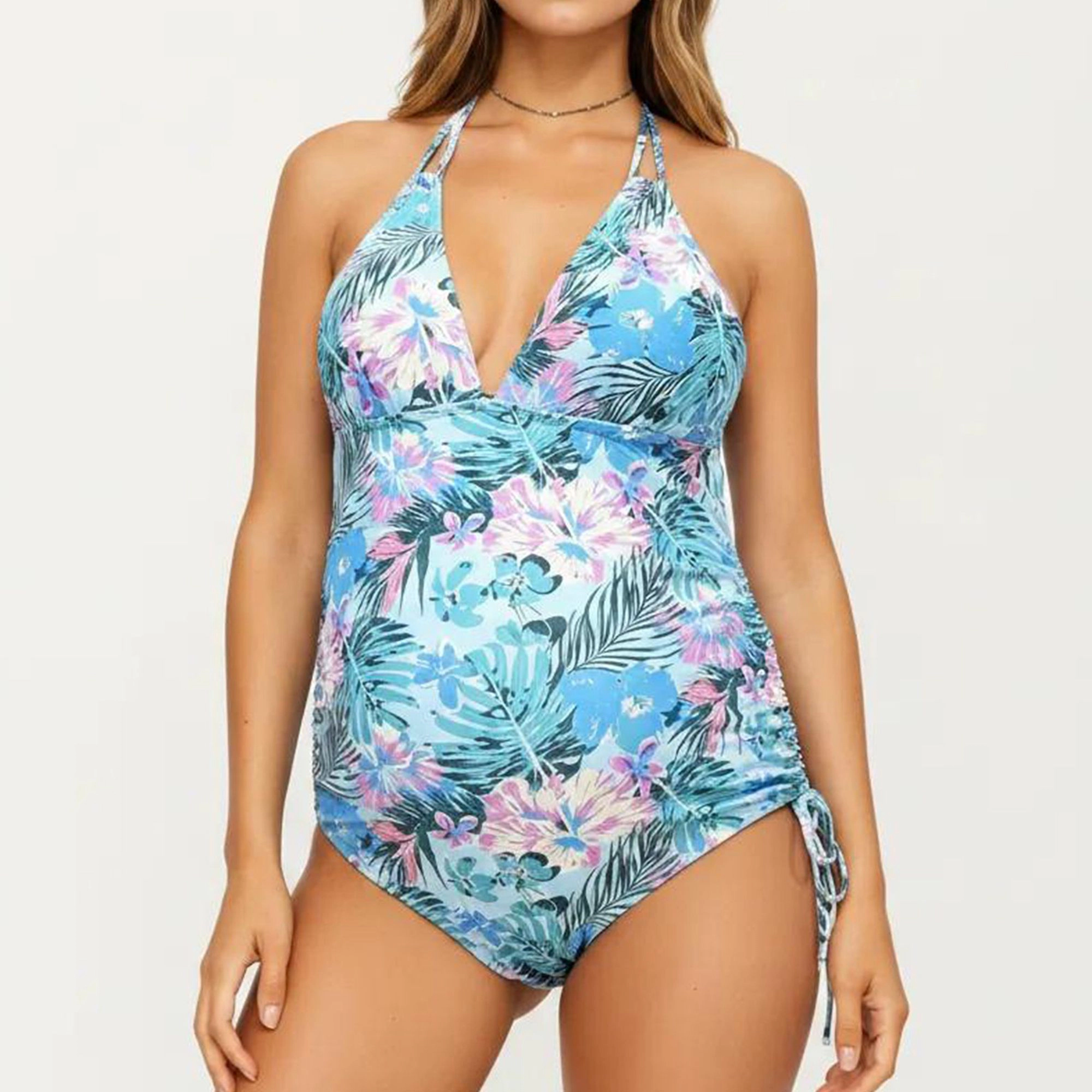 Anna-Kaci Women's Maternity Floral Print One-Piece Swimsuit with Halter Neck and Side Tie Detail