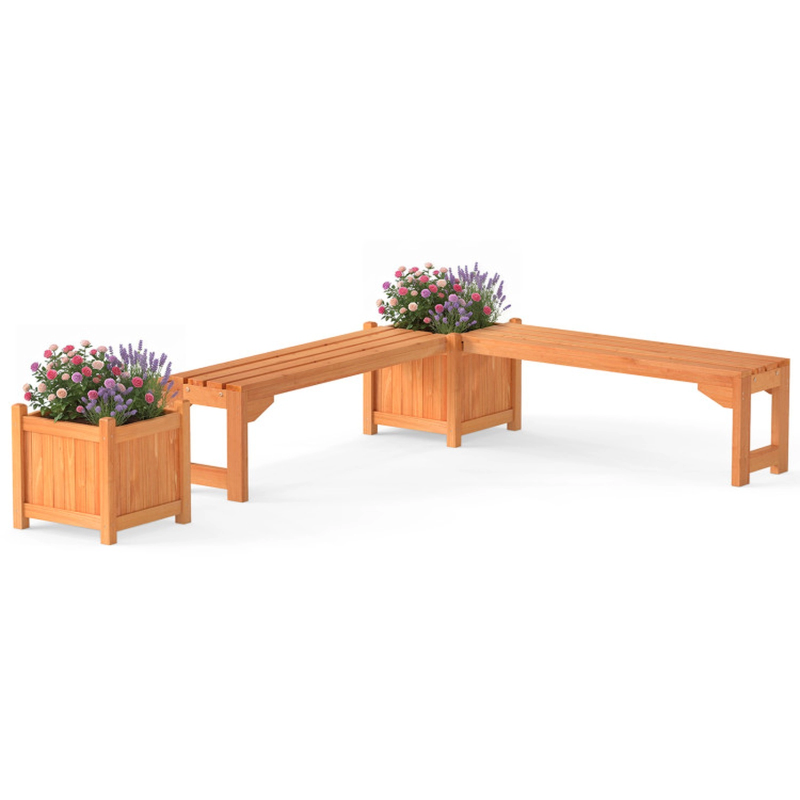 SUGIFT 2-Piece Fir Wood Outdoor Bench with Side Planter, 660-Lb Capacity, Natural
