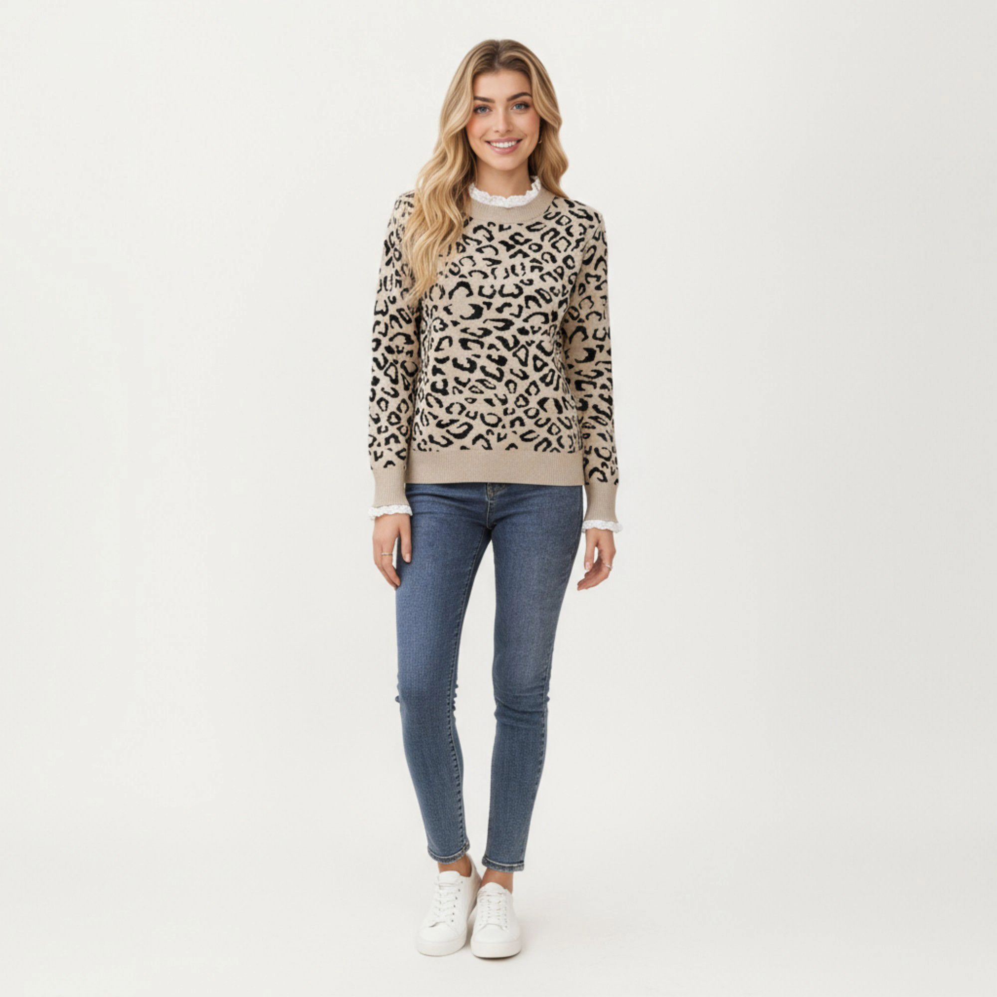 Anna-Kaci Women's Leopard Print Knit Sweater with Ribbed Trim Crew Neckline