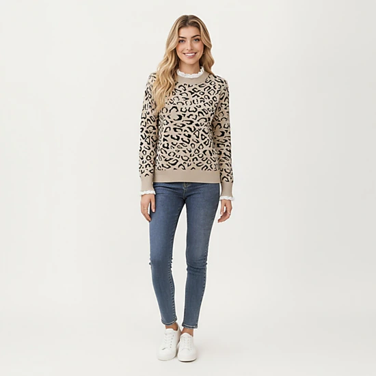 Anna-Kaci Women's Leopard Print Knit Sweater with Ribbed Trim Crew Neckline