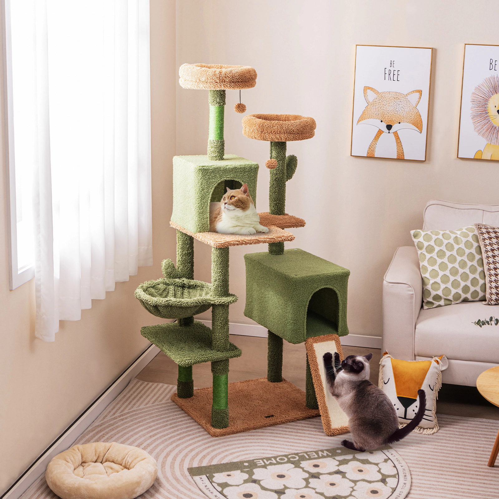 SUGIFT Multi-level Cactus Cat Tree with Scratching Posts Ladder Double Condos and Toys Bed 33-lb Capacity Green + Brown