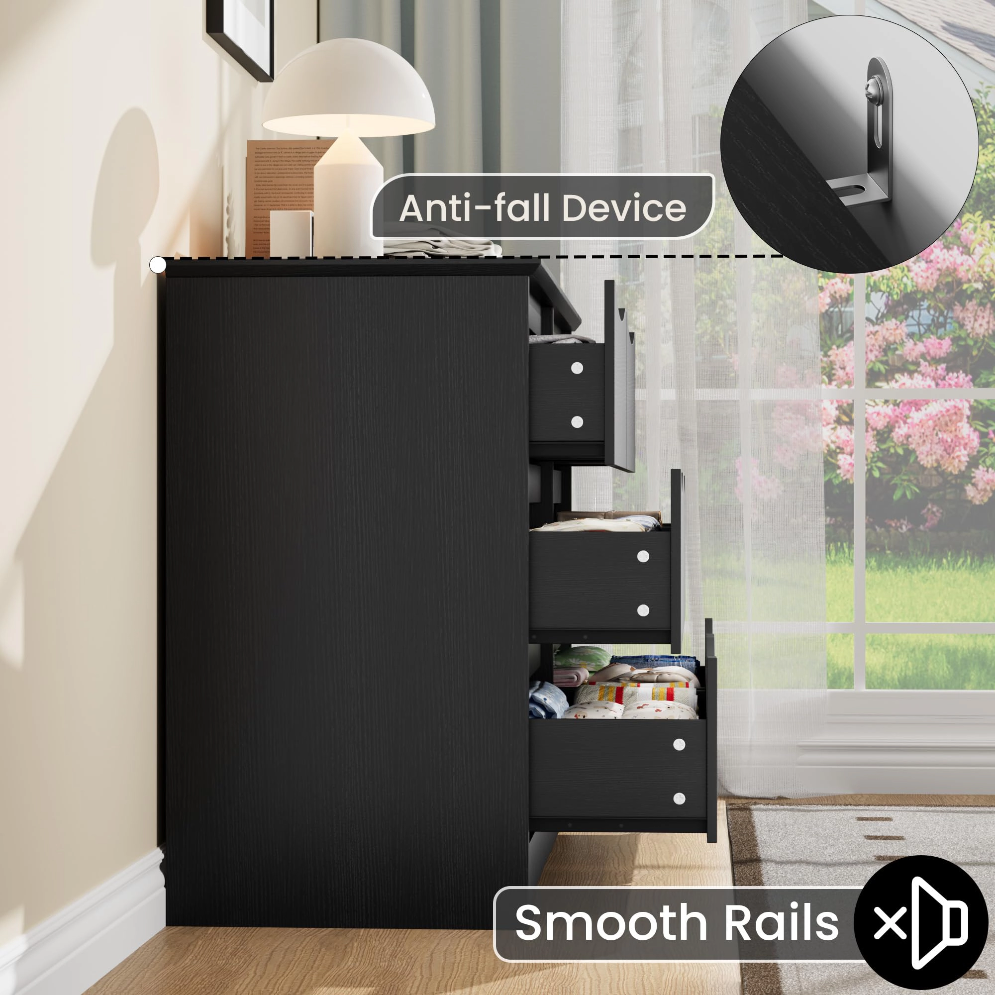6 Drawer Modern Dresser with Hidden Handles, 47" Wide Large Double Storage Chest for Bedroom Living Room Hallway