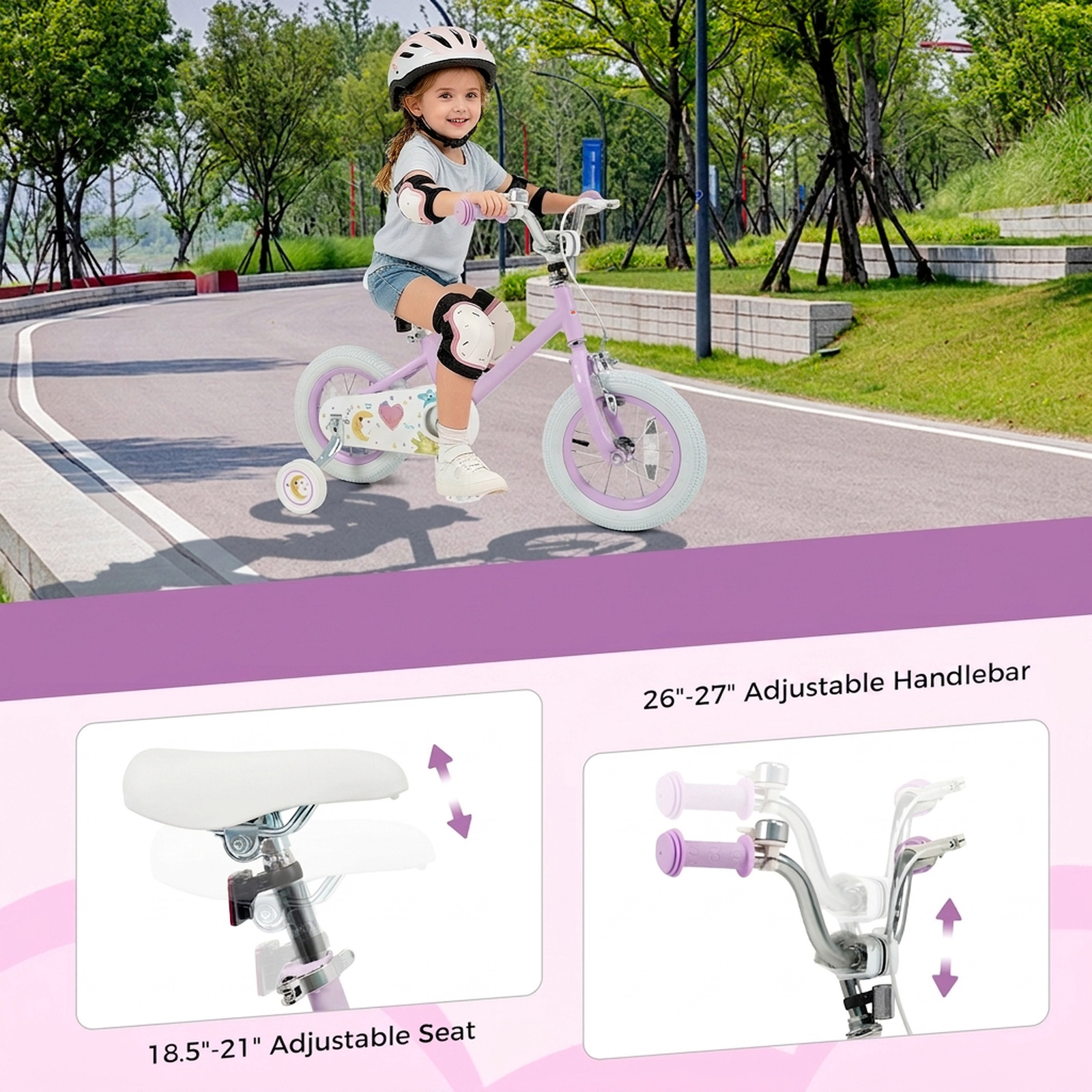 SUGIFT Purple Removable Training Wheels Adjustable Seat and Dual Brakes Kids 12 Inch Bike