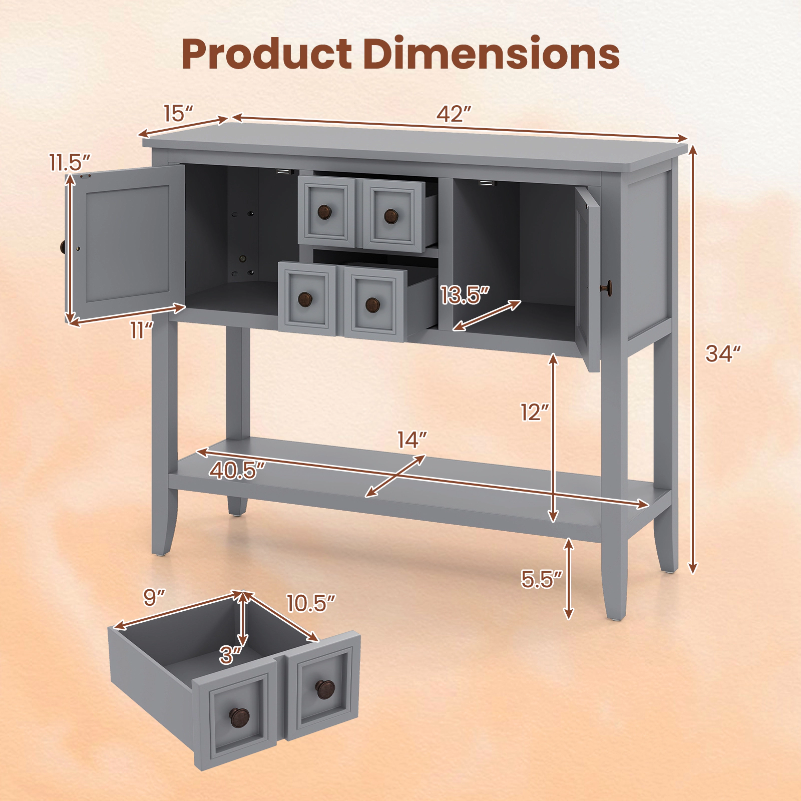 Glintex 42-Inch Buffet Cabinet with Pine Legs and Open Bottom Shelf