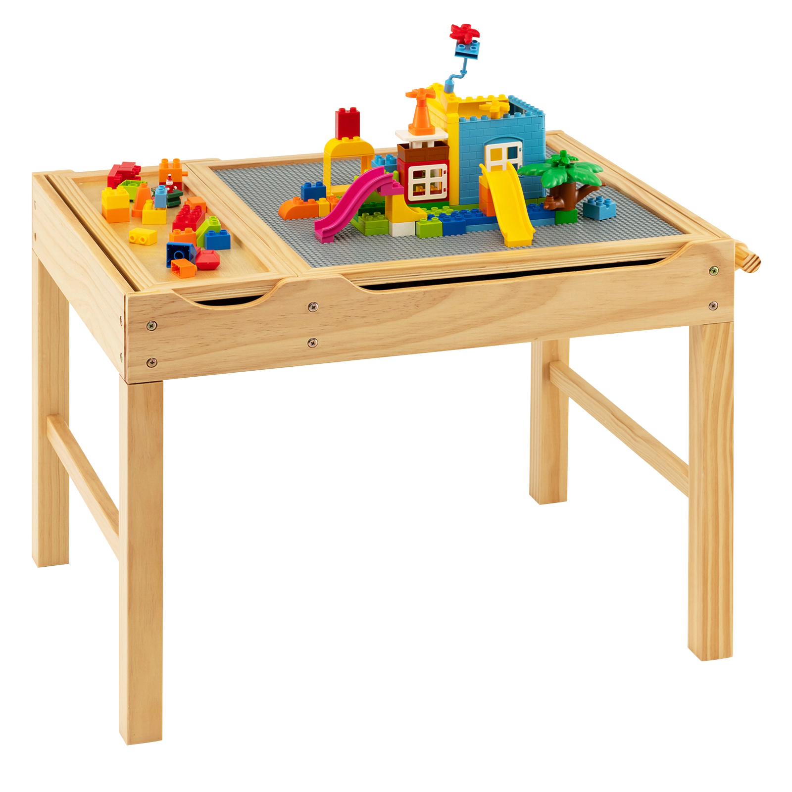 SUGIFT Natural Storage and Paper Roll Kids Multi Activity Play Table Wooden Building Block Desk