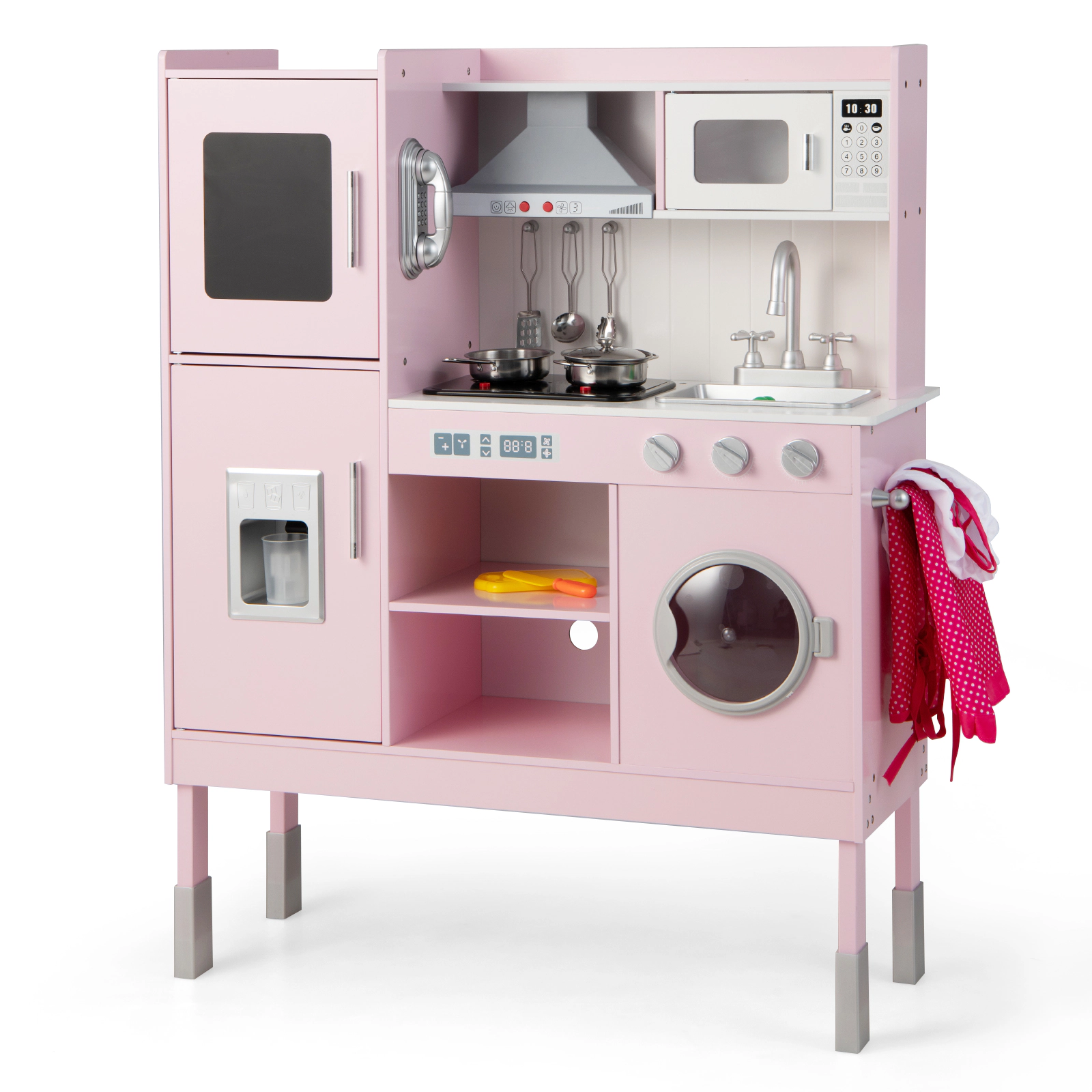 SUGIFT 3-Position Adjustable Pretend Play Kitchen for Kids with 16 Accessories 40.5-in Tall Frame Ages 3+ Pink