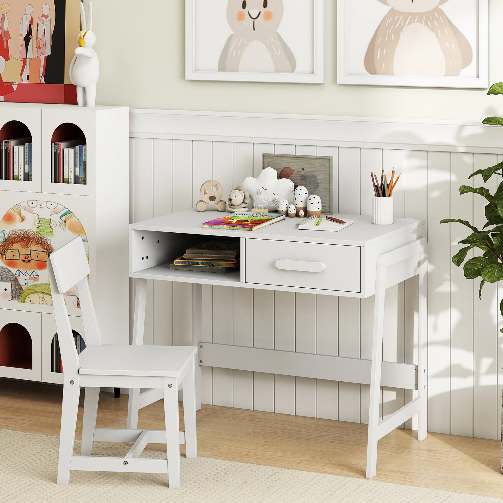 SUGIFT Kids Desk and Chair Set, White Study Desk with Hutch and Storage Drawer