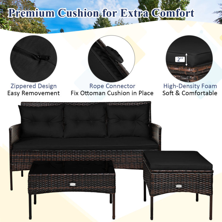 Hivvago 3 Pieces Patio Furniture Sectional Set With 5 Cozy Cushions-Black