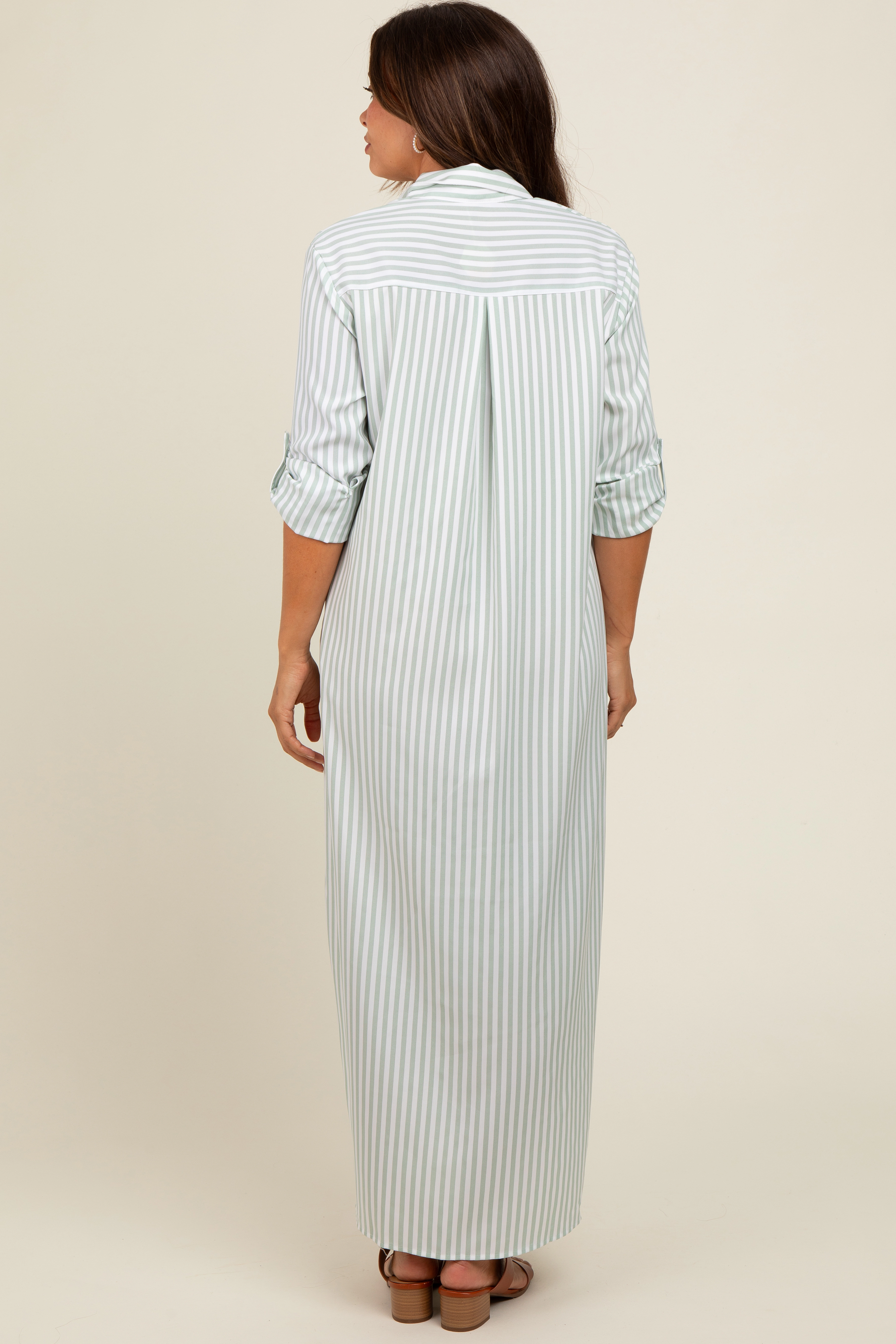 PinkBlush Womens Light Olive Striped Button Down Maternity Maxi Dress