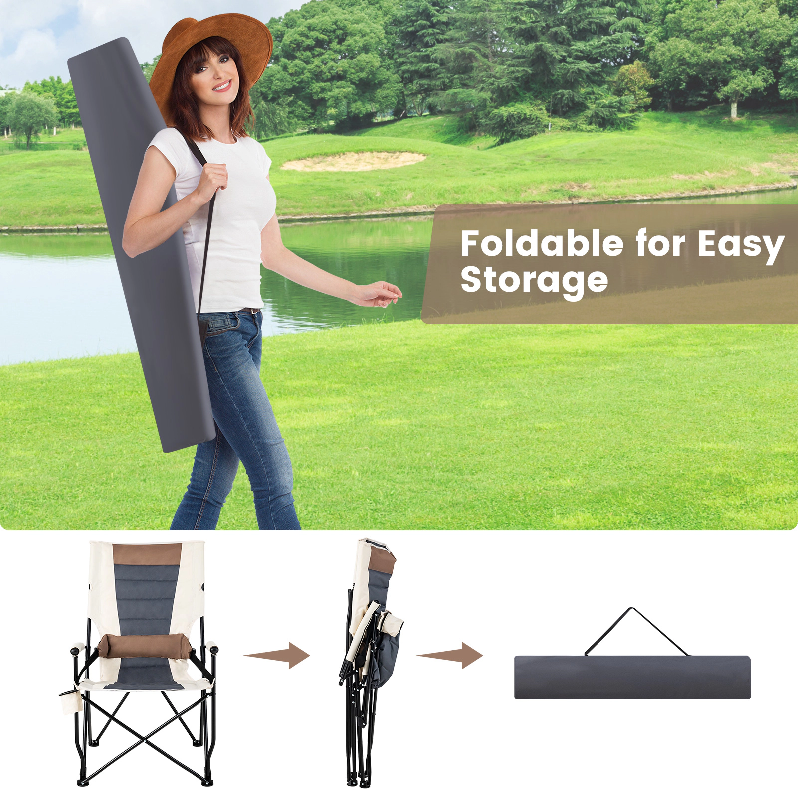 SUGIFT White Folding Camping Chair with Lumbar Pillow and Cup Holder 25-in W 28.5-in D 40-in H 330-lb Seat Capacity