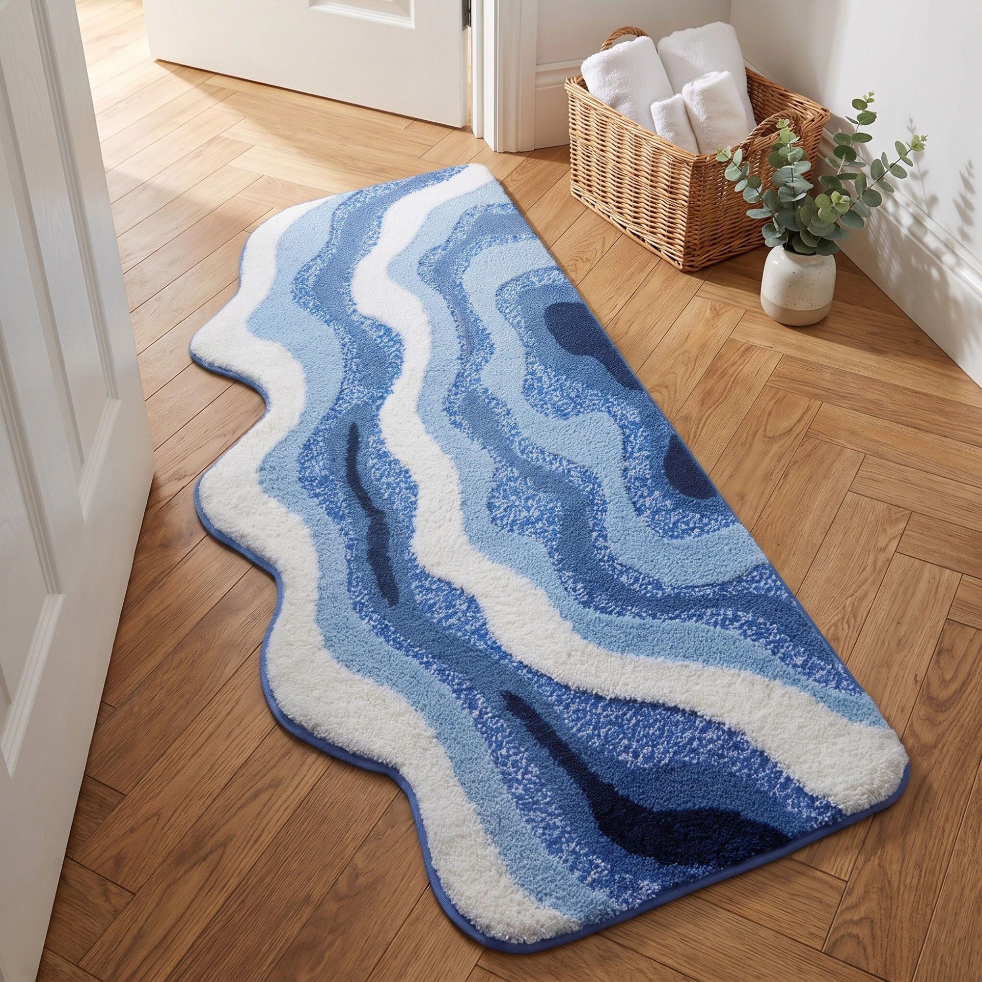 Alilang Unisex Abstract Ocean Wave Plush Bathroom Mat with Irregular Scalloped Edge