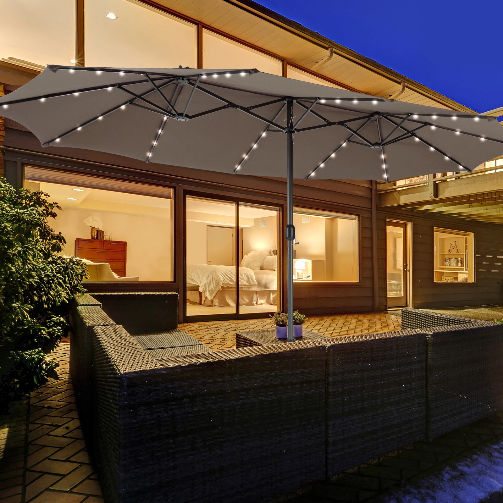 SUGIFT 15-ft Brown Rectangular Double-Sided Patio Umbrella with Solar LED Lights and Cross Base