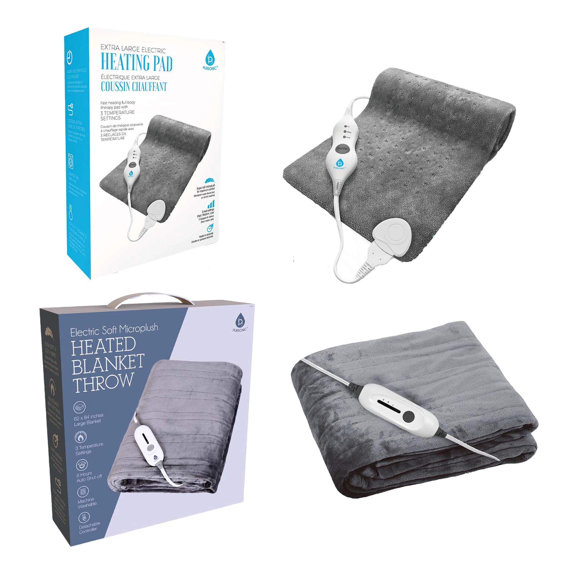 Pursonic Unisex Ultra-Soft Heated Comfort Blanket & Therapeutic Heating Pad Bundle