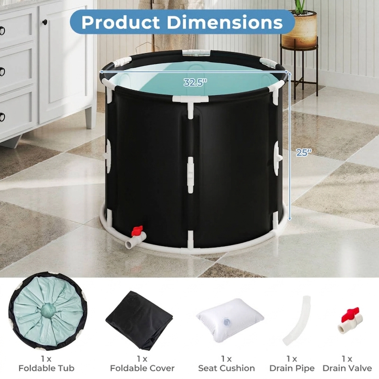 SUGIFT 66 Gal Foldable Ice Bath Tub with Lid Cold Plunge Tub 32.5 x 25 in PVC Canvas Plastic For Adult Black+White