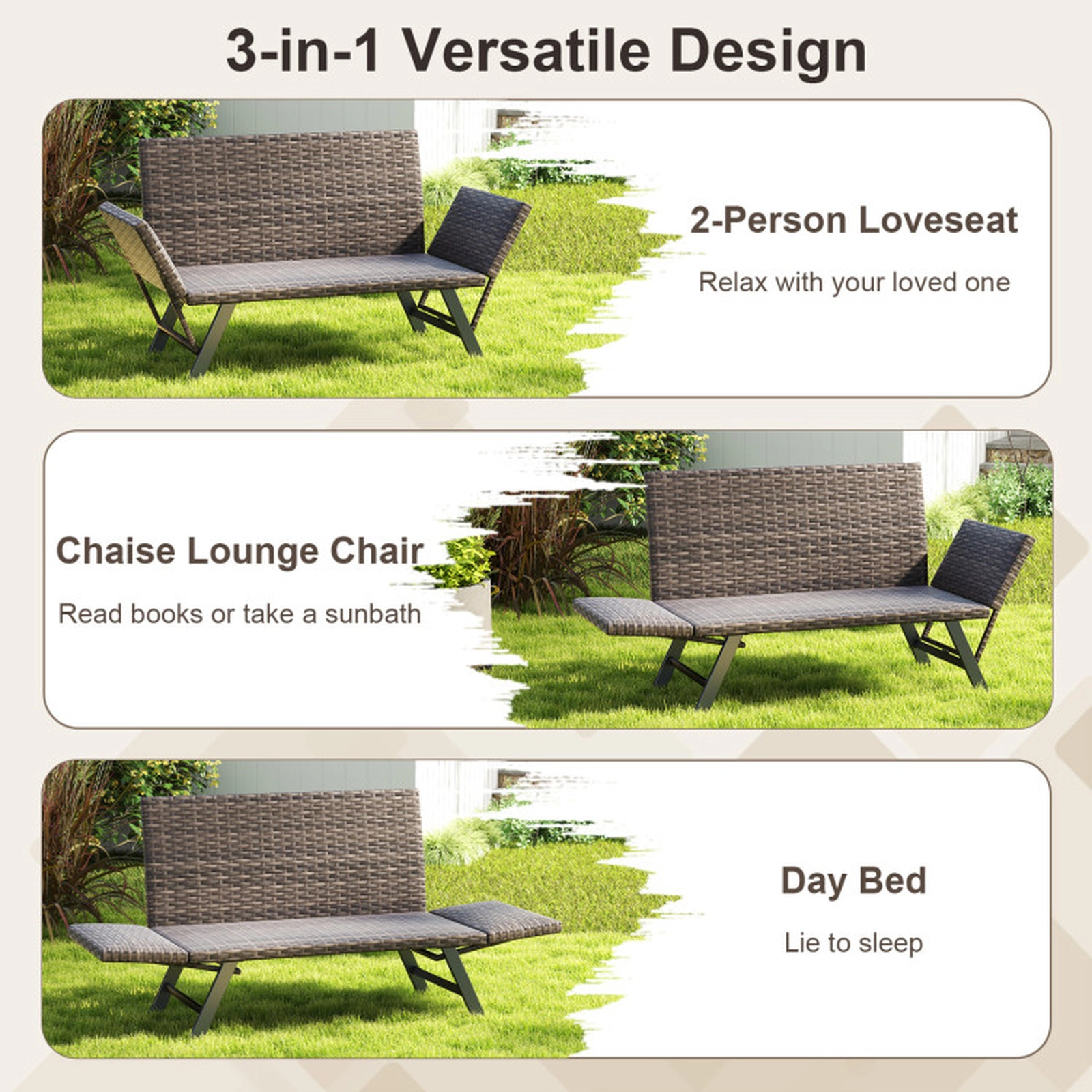 SUGIFT 660 lb 2-Seat Convertible Outdoor Loveseat Daybed, PE Rattan, Quick-Dry Foam