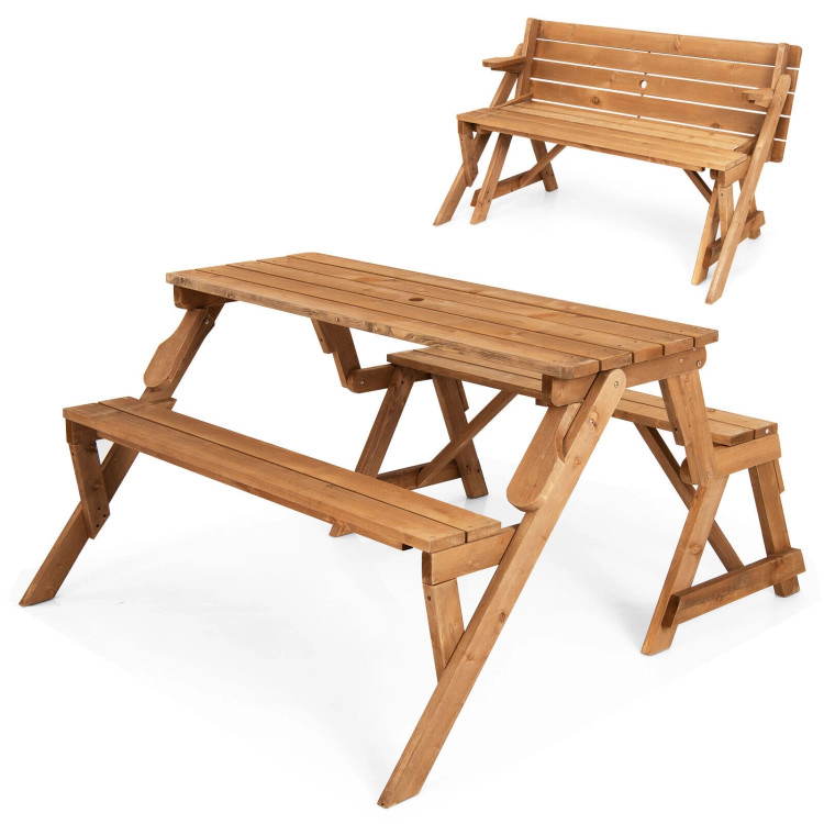 Hivvago 2-In-1 Transforming Interchangeable Wooden Picnic Table Bench With Umbrella Hole