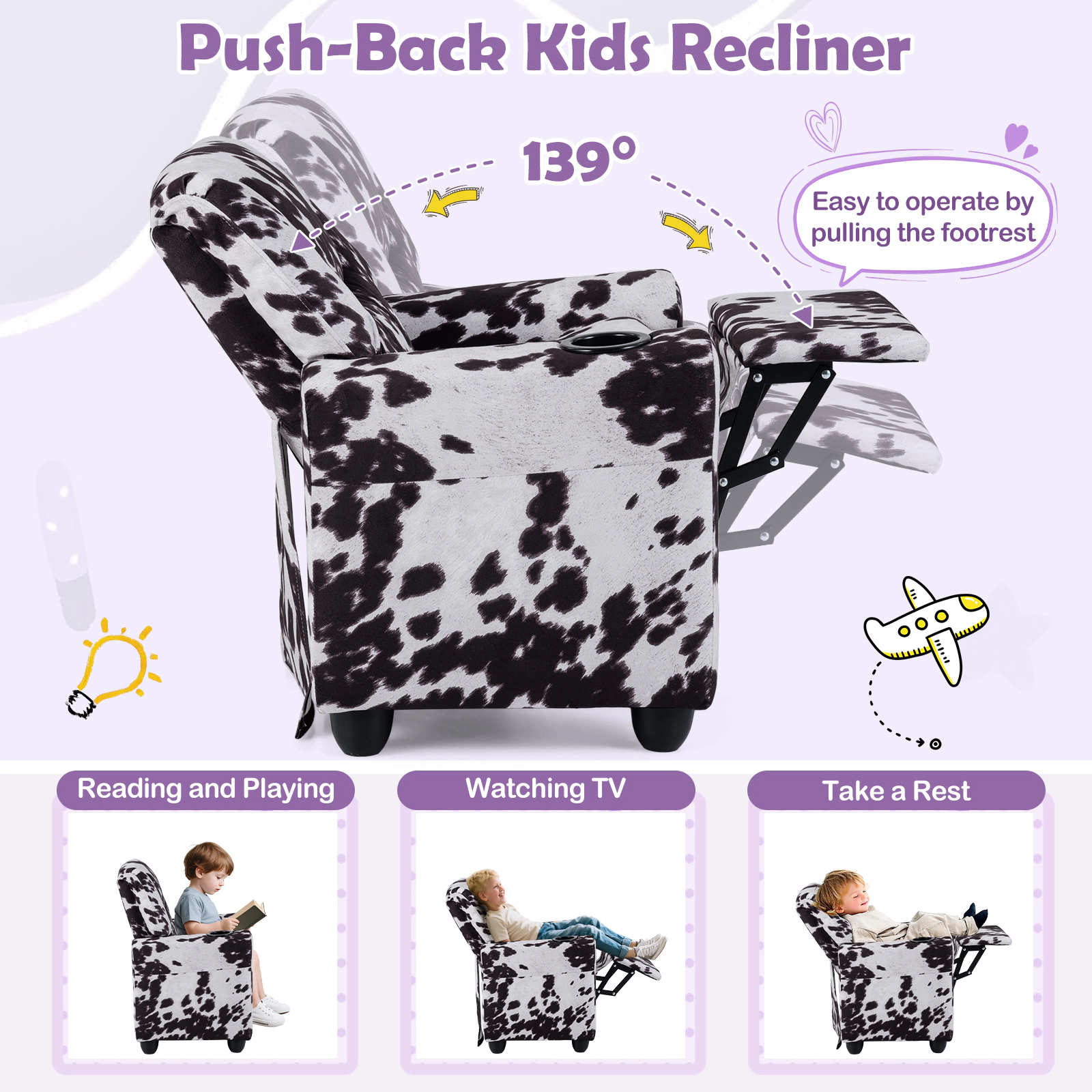 SUGIFT Kids Cow Print Velvet Cup Holder Push Back Recliner 24-in x 21.5-in x 28-in 150-lb Capacity Ages 3+ Black/White