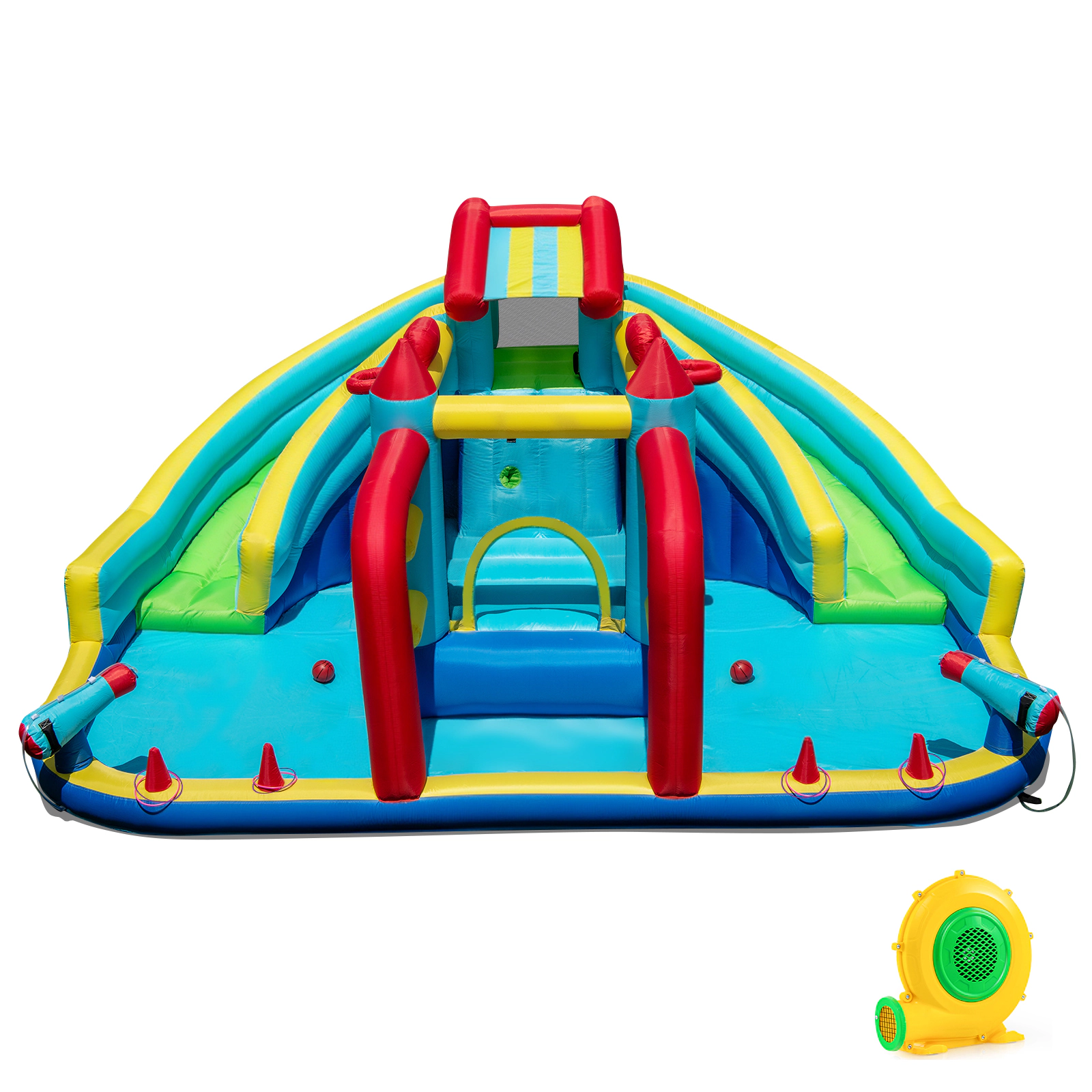 SUGIFT Obstacle Course Basketball Hoops and 680W Blower Kids Inflatable Double Water Slide Park