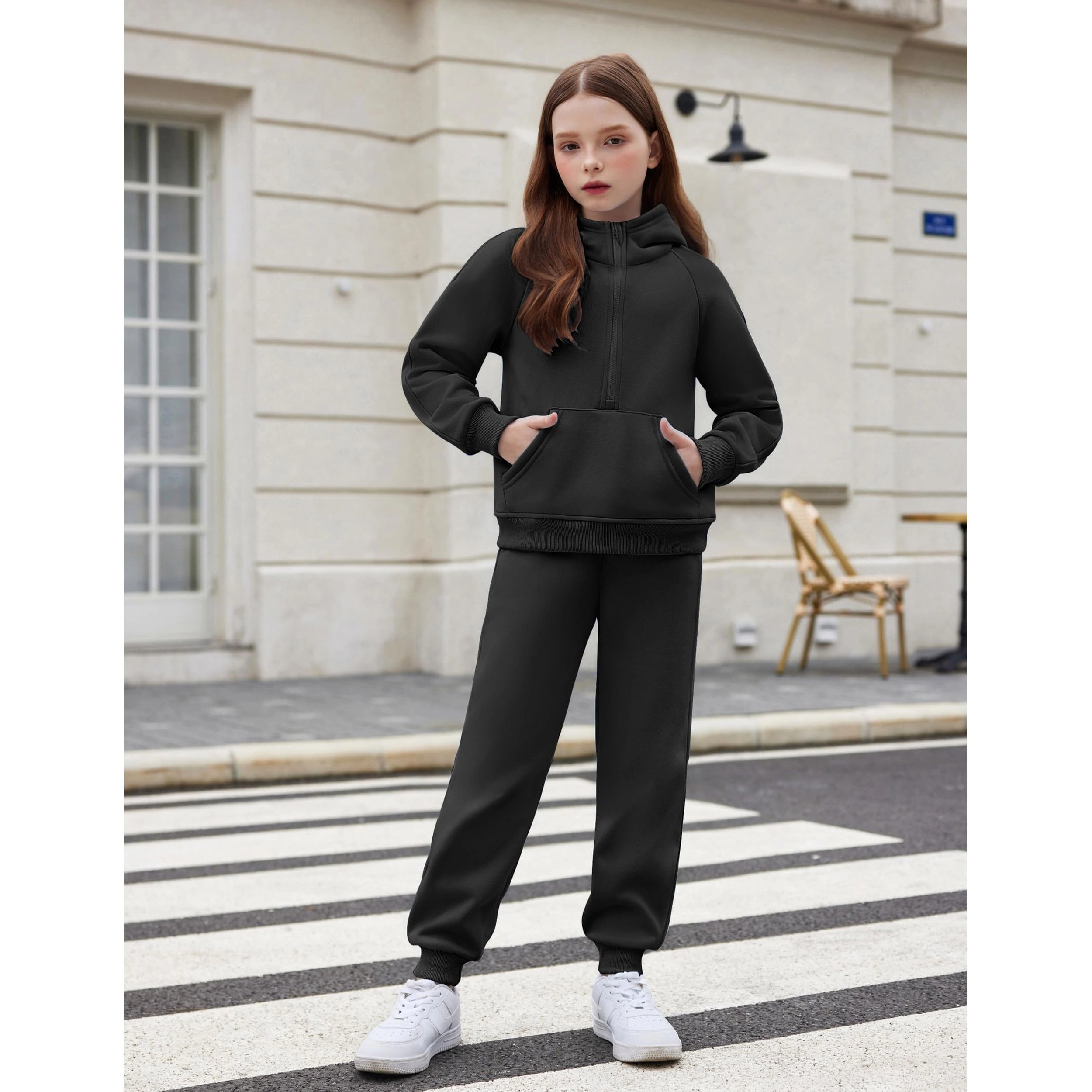 Arshiner Girls Half Zip Hoodie 2-Piece Fall Winter Jogger Tracksuit Set