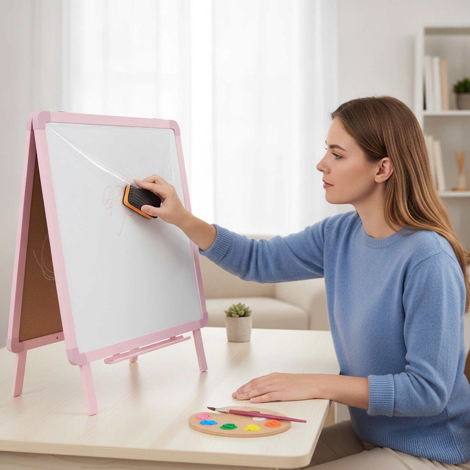 3-in-1 Kids Art Easel Dry Erase Whiteboard Chalkboard Paper Roll Surfaces Magnetic Beads 46-in Standing Height Pink
