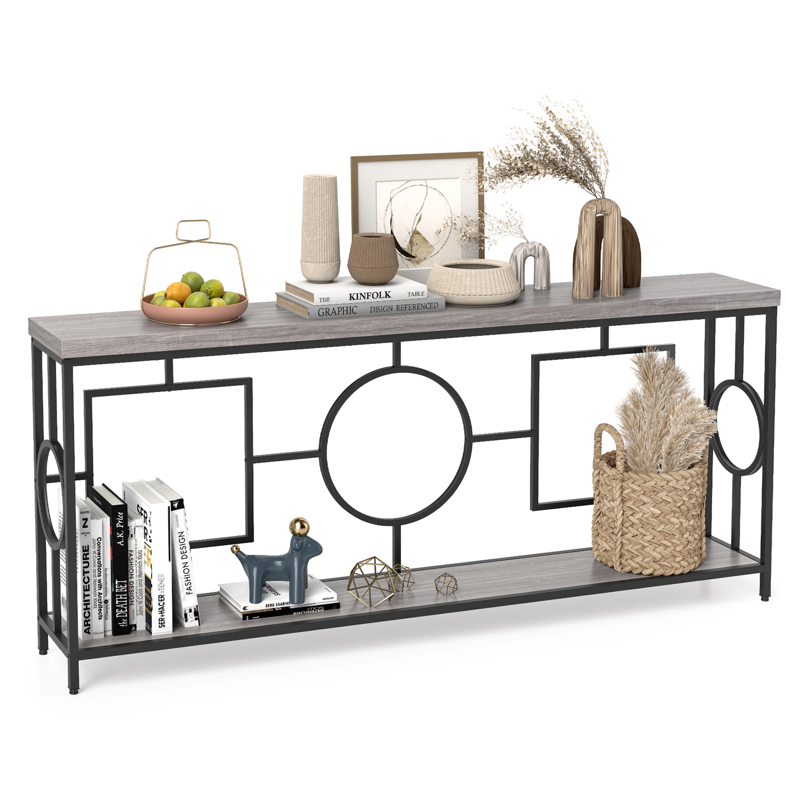 SUGIFT 2-Tier Wood Grain Top Metal Frame Hallway Console Table 71-in x 12-in x 31.5-in 110-lb Capacity Rustic Brown