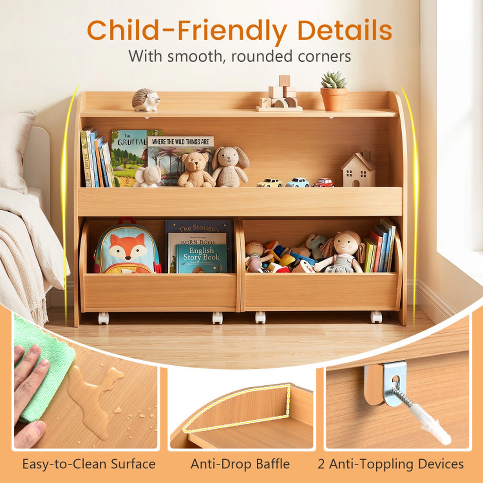 SUGIFT 24-in 33-lb Rated Kids Toy Storage Organizer and Bookshelf with 2 Rolling Drawers and Open Shelves