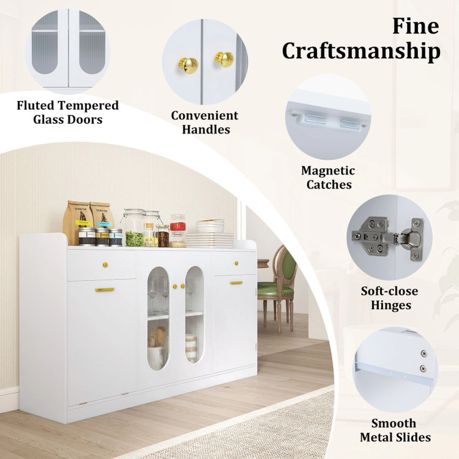SUGIFT 55-in Hidden Trash Bin Cabinet 2 Fluted Glass Doors 2 Drawers Buffet Sideboard 13.5-in D 110-lb Capacity White
