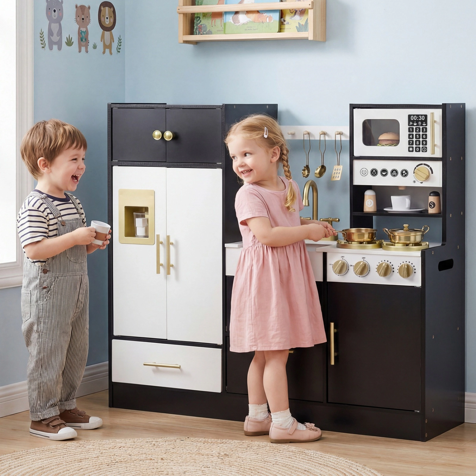 SUGIFT Black Ice Machine Coffee Maker and Realistic Lights Kids Wooden Play Kitchen