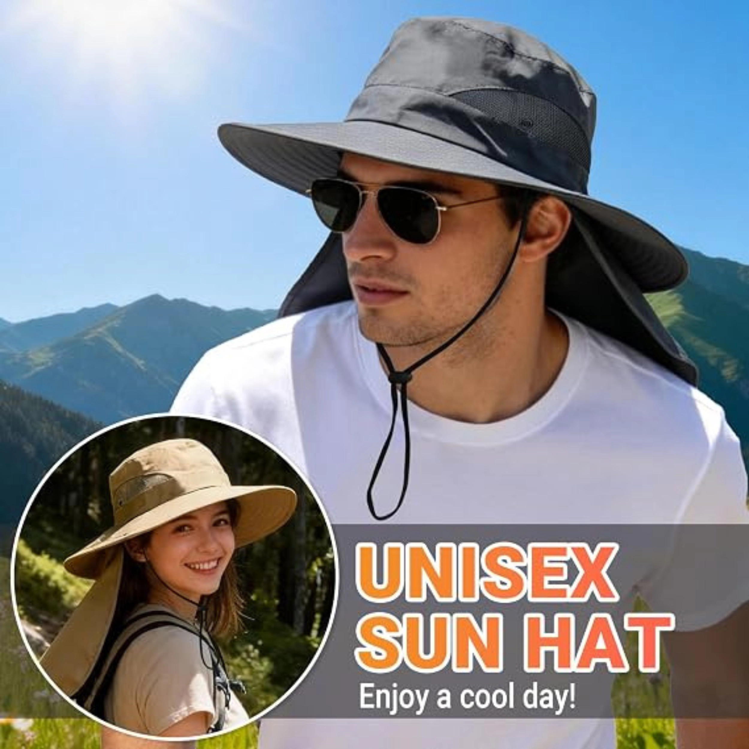 SS Design Wide Brim Bucket Sun Hat with Neck Flap Khaki UPF 50