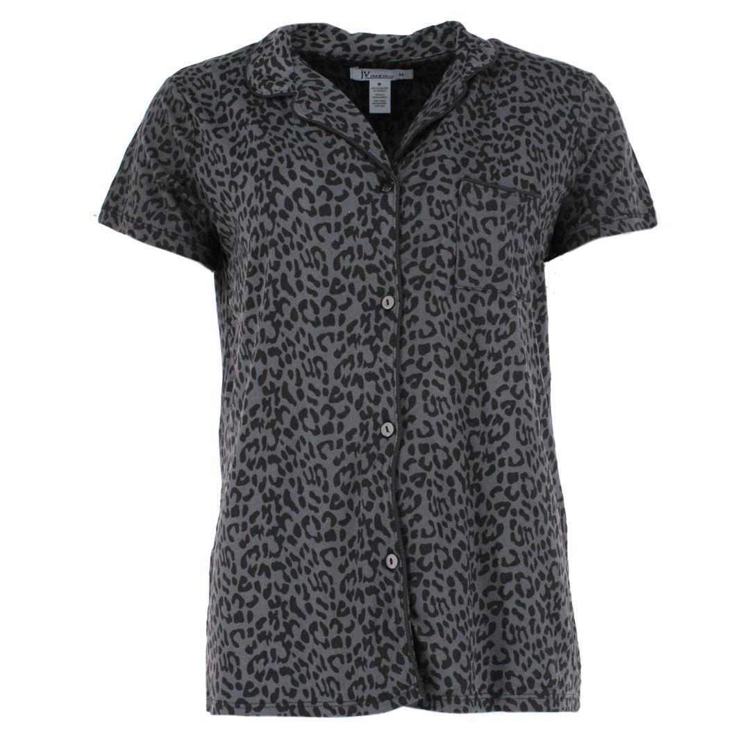 Joan Vass Women's Leopard Print Notched Collar Short Sleeve Pajama Set