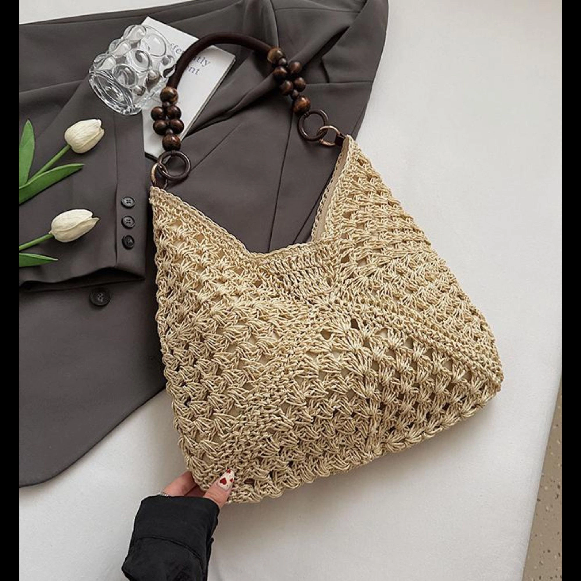 Alilang Women's Woven Straw Hobo Bag with Wooden Handle Bead Accents and Spacious Interior