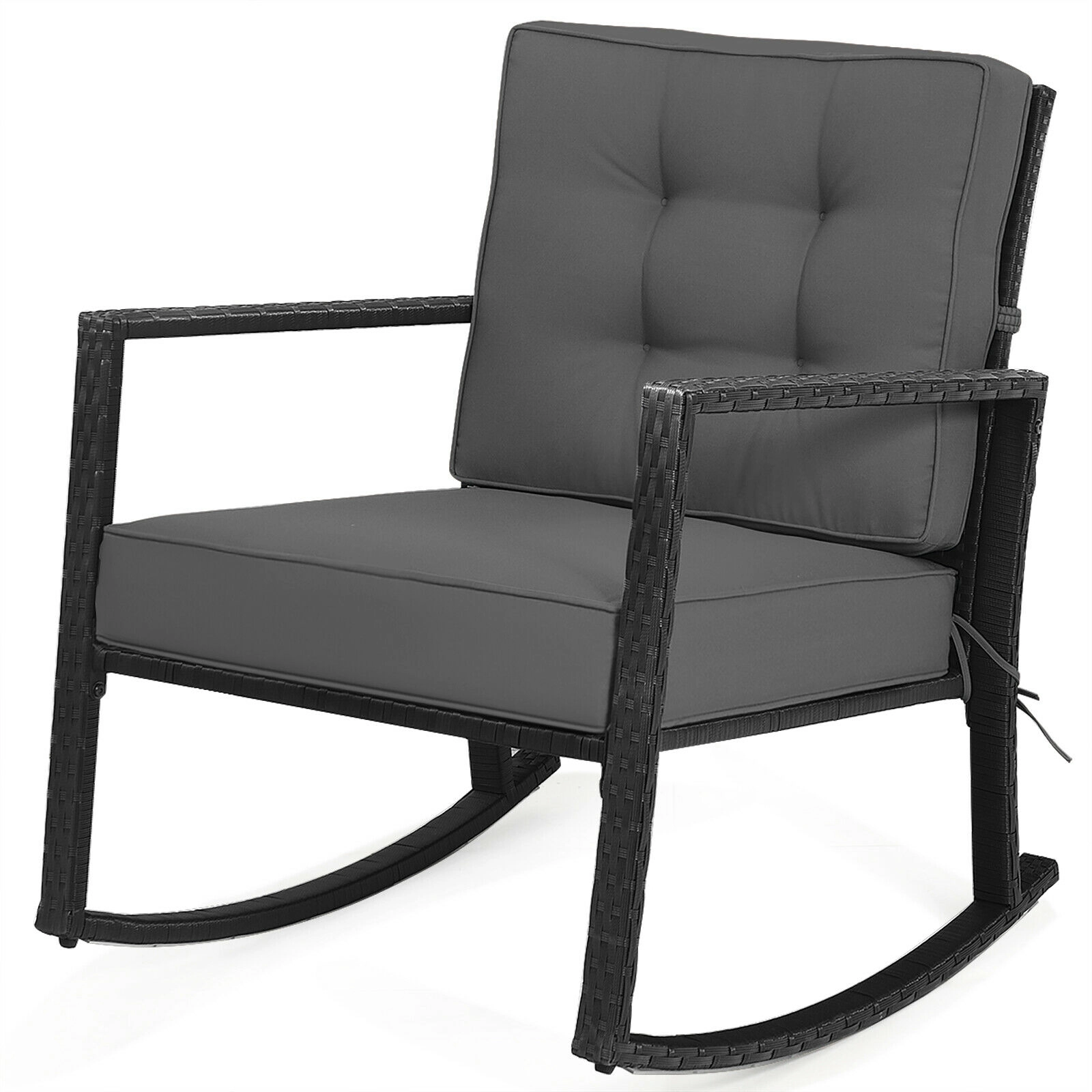 SUGIFT Black Rattan Outdoor Rocking Chair, 5-Inch Cushion, 360-Lb Capacity