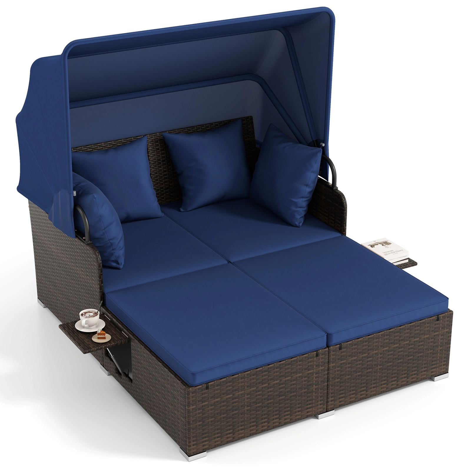 SUGIFT Outdoor Patio Rattan Daybed Navy with Retractable Canopy and Side Tables