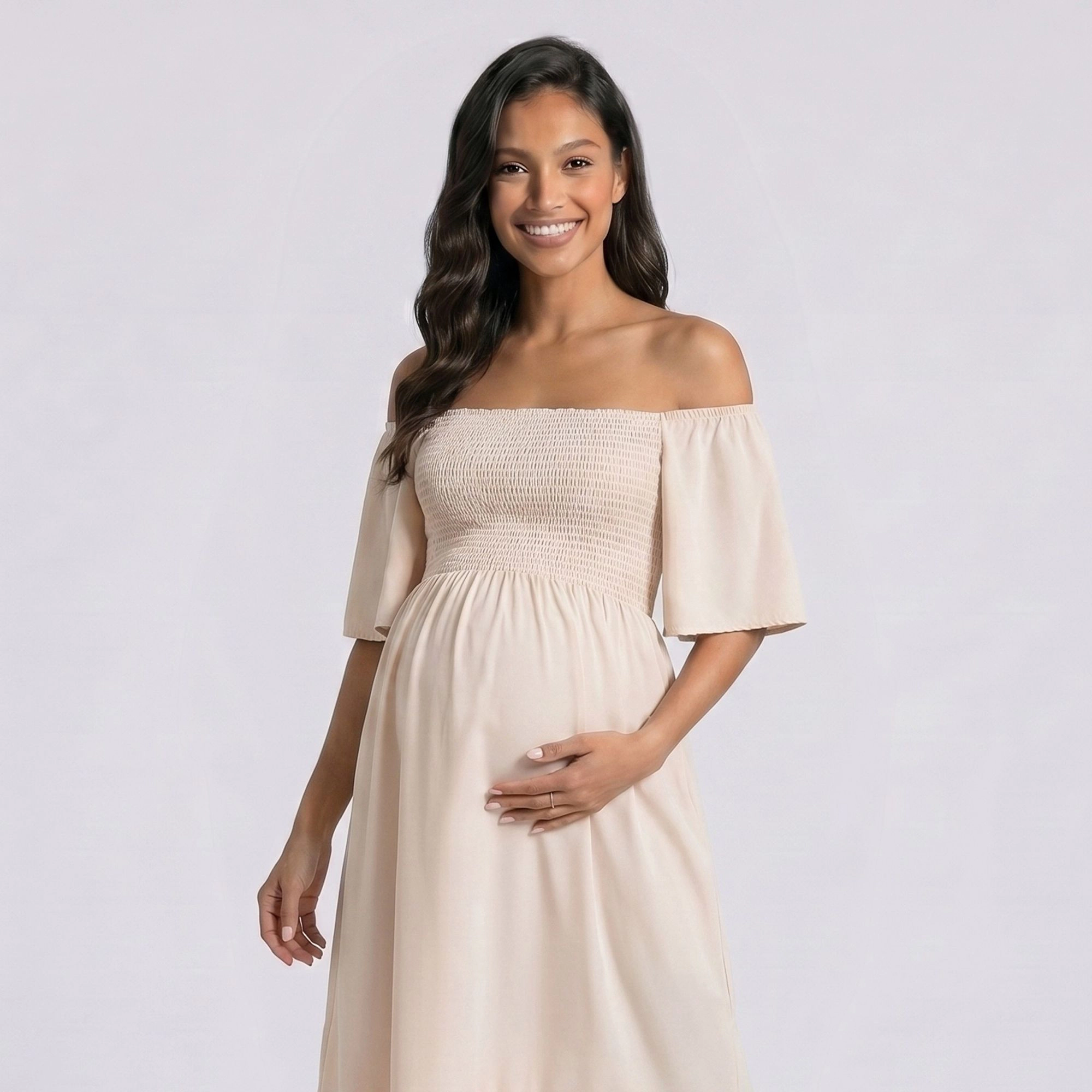 Anna-Kaci Women's Maternity Off Shoulder Smocked Short Sleeves Maxi Dress