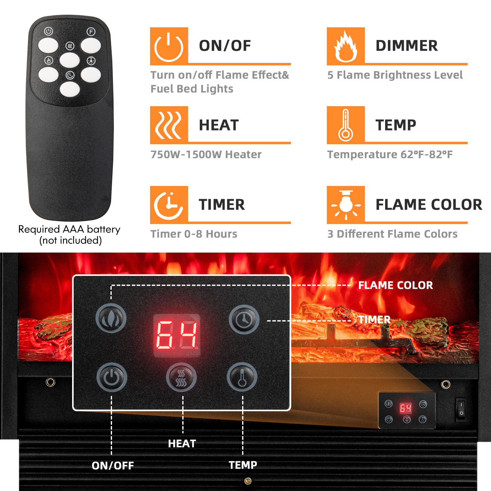 SUGIFT 28.5-in 3 Flame Colors 8-Hour Timer Recessed Electric Fireplace Insert 28.5-in x 6-in x 21-in 1500W Black