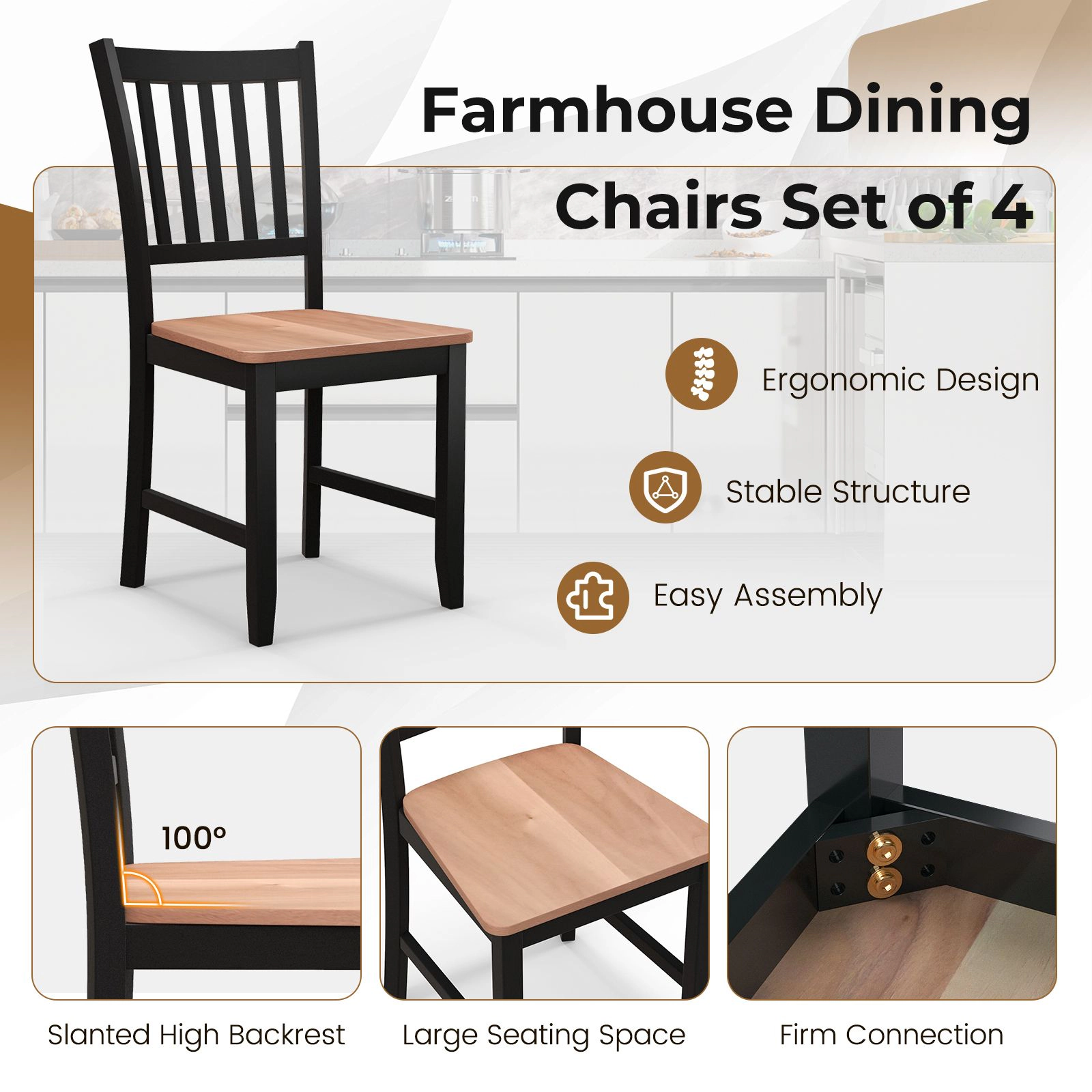 SlickBlue Wooden Dining Chairs Set of 4, Ergonomic Slat Back, Walnut