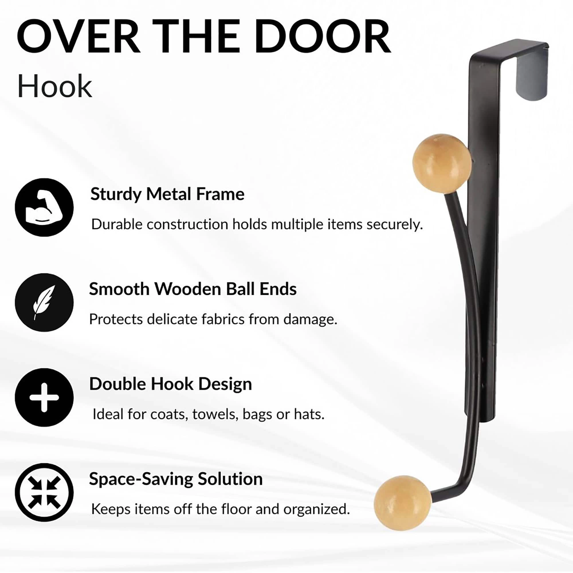 Evideco French Home Goods Over-the-Door Double Hook Rack, Metal with Ball Tips