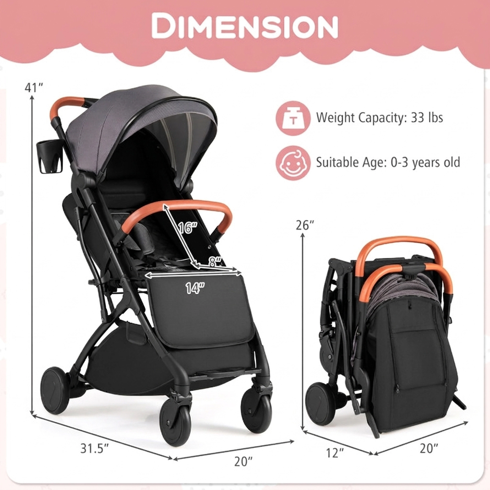 SUGIFT Gray 33-lb Capacity Lightweight Aluminum Compact Travel Stroller with One-Hand Fold and Footmuff