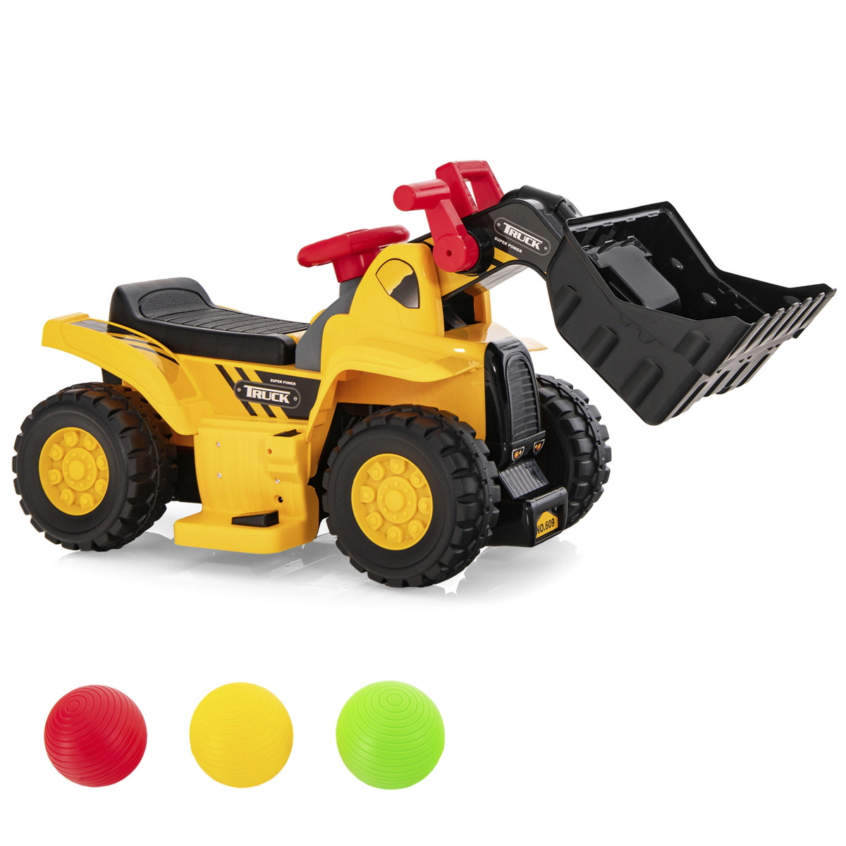SUGIFT 6V Kids Ride On Bulldozer with Folding Basketball Hoop and 3 Spheres 55-lb Capacity Ages 2+ Yellow