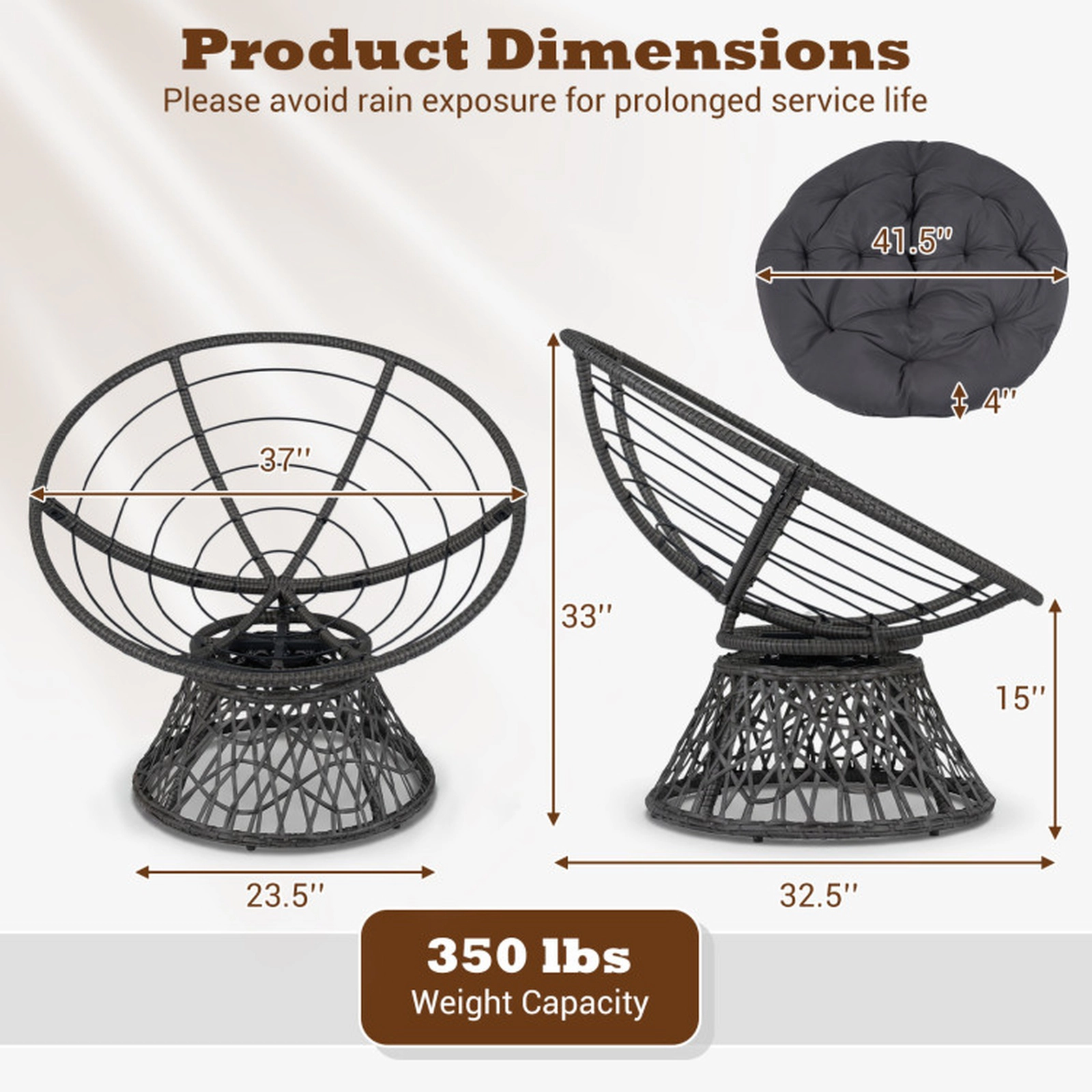 SUGIFT 360-Degree Swivel PE Rattan Cushioned Round Papasan Lounge Chair 32.5-in x 37-in x 33-in 350-lb Capacity Gray